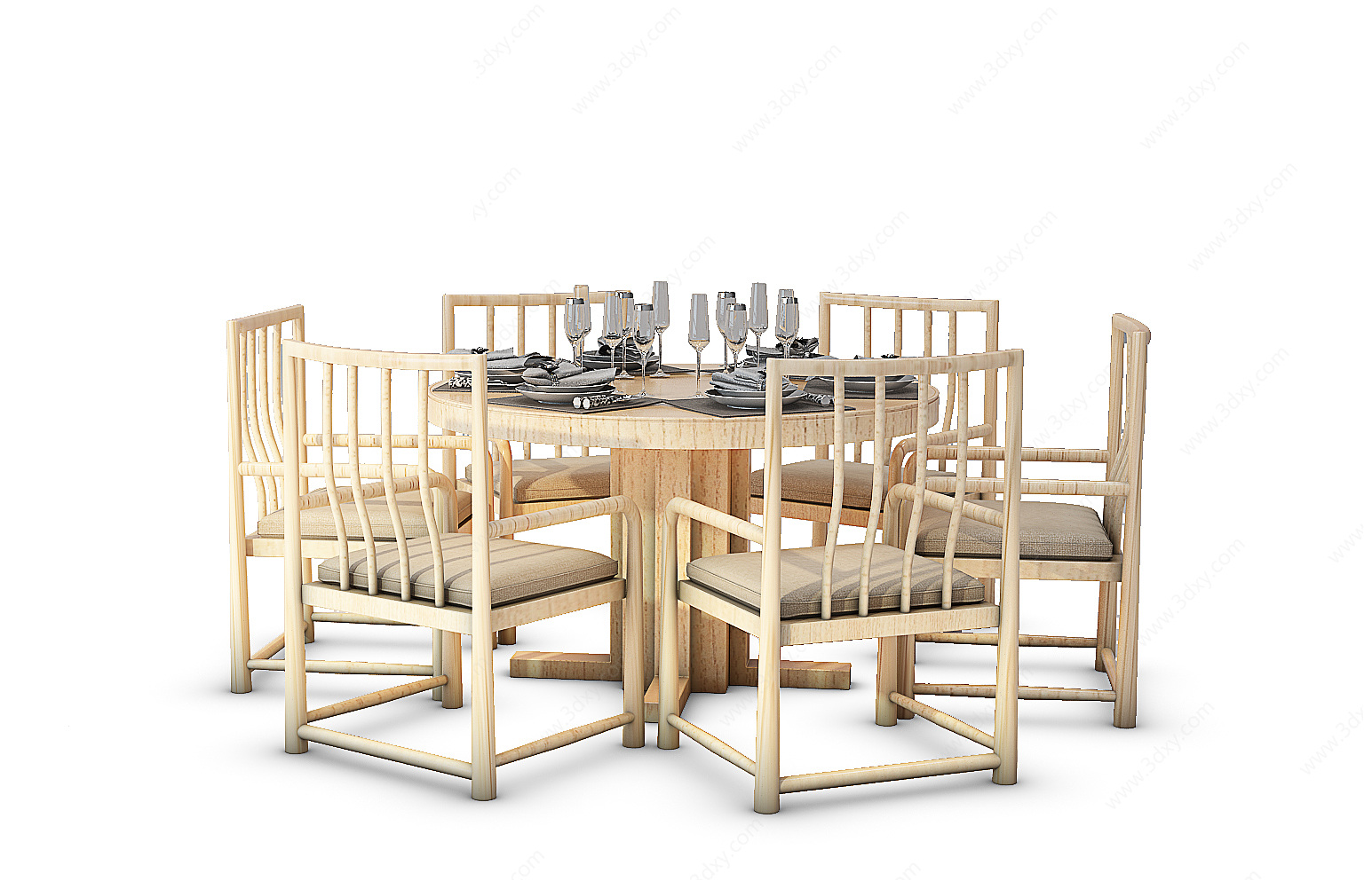 中式实木圆桌餐桌椅3D模型