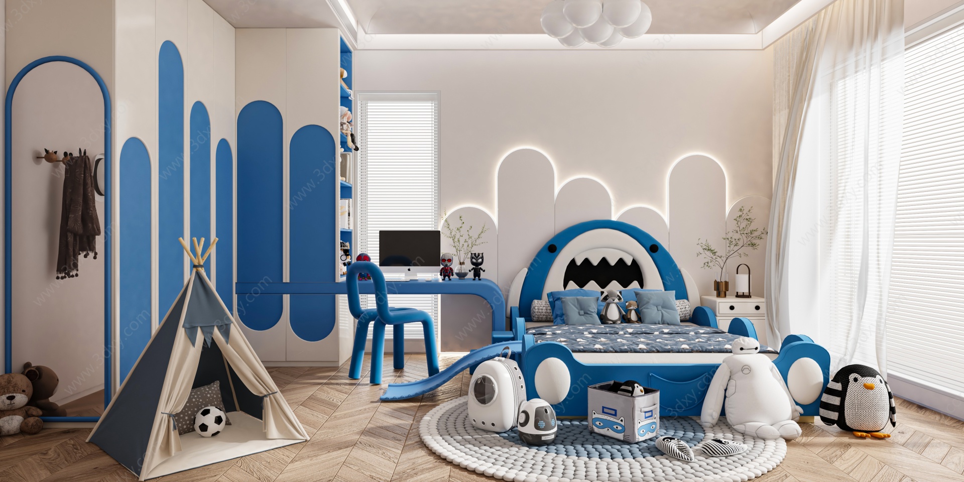 蓝色系儿童房儿童床3D模型