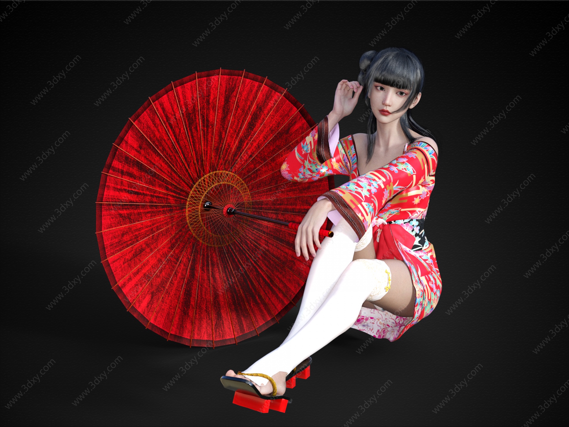 日式坐姿美女和服美女撑伞3D模型