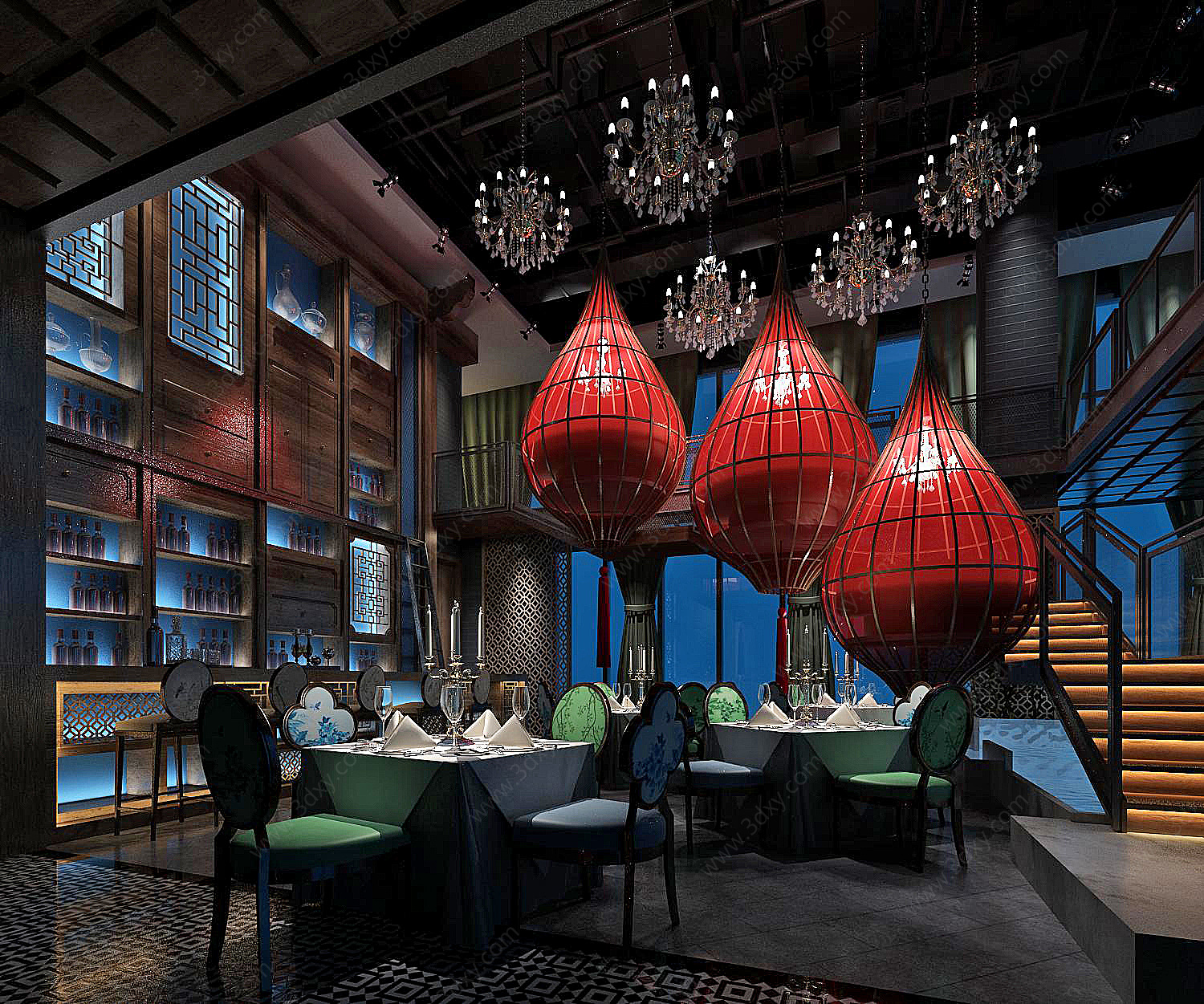 中式餐饮店大厅3D模型