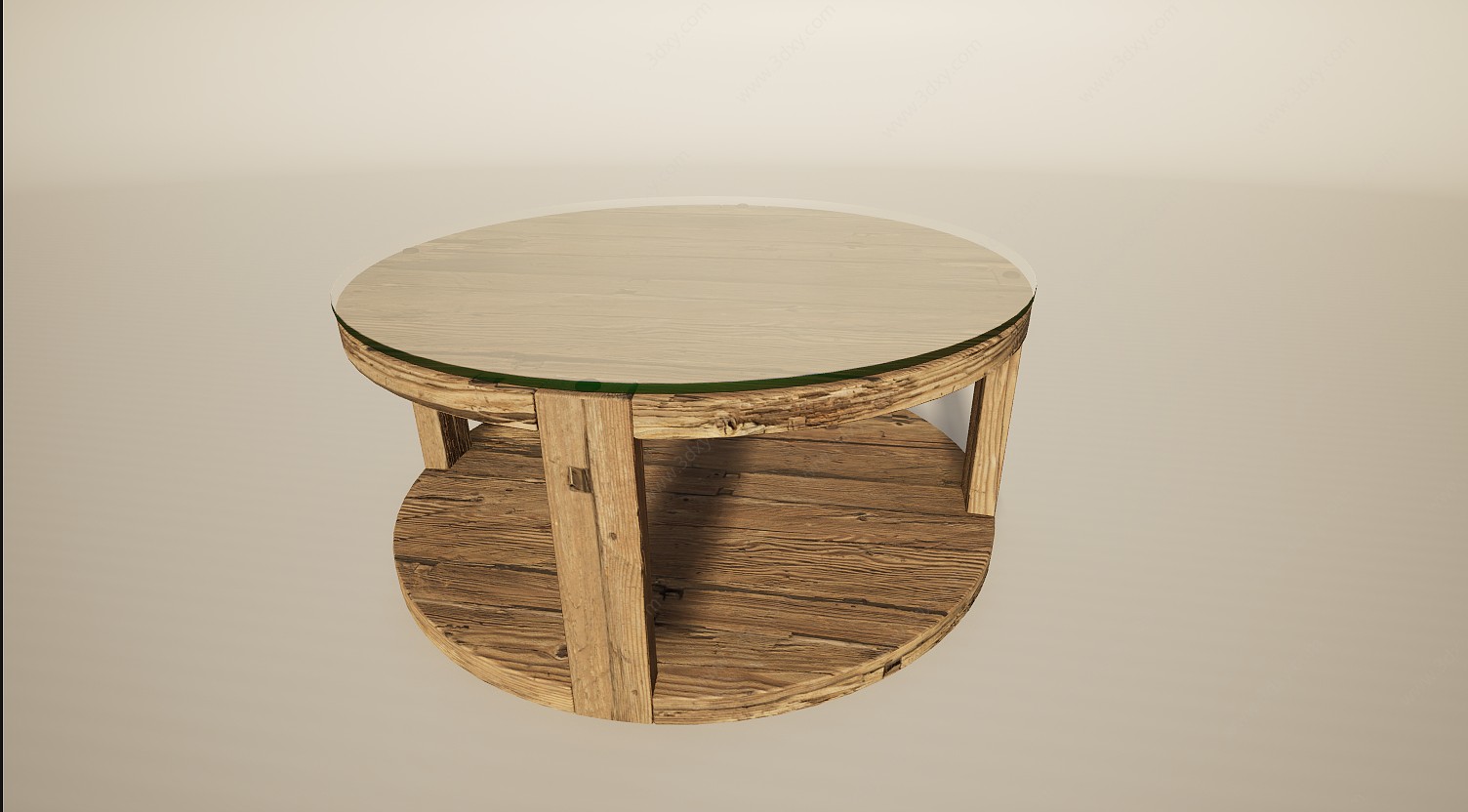 简易实木玻璃圆桌茶几3D模型