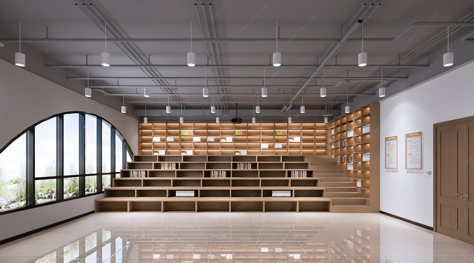 现代原木风图书馆教室3D模型