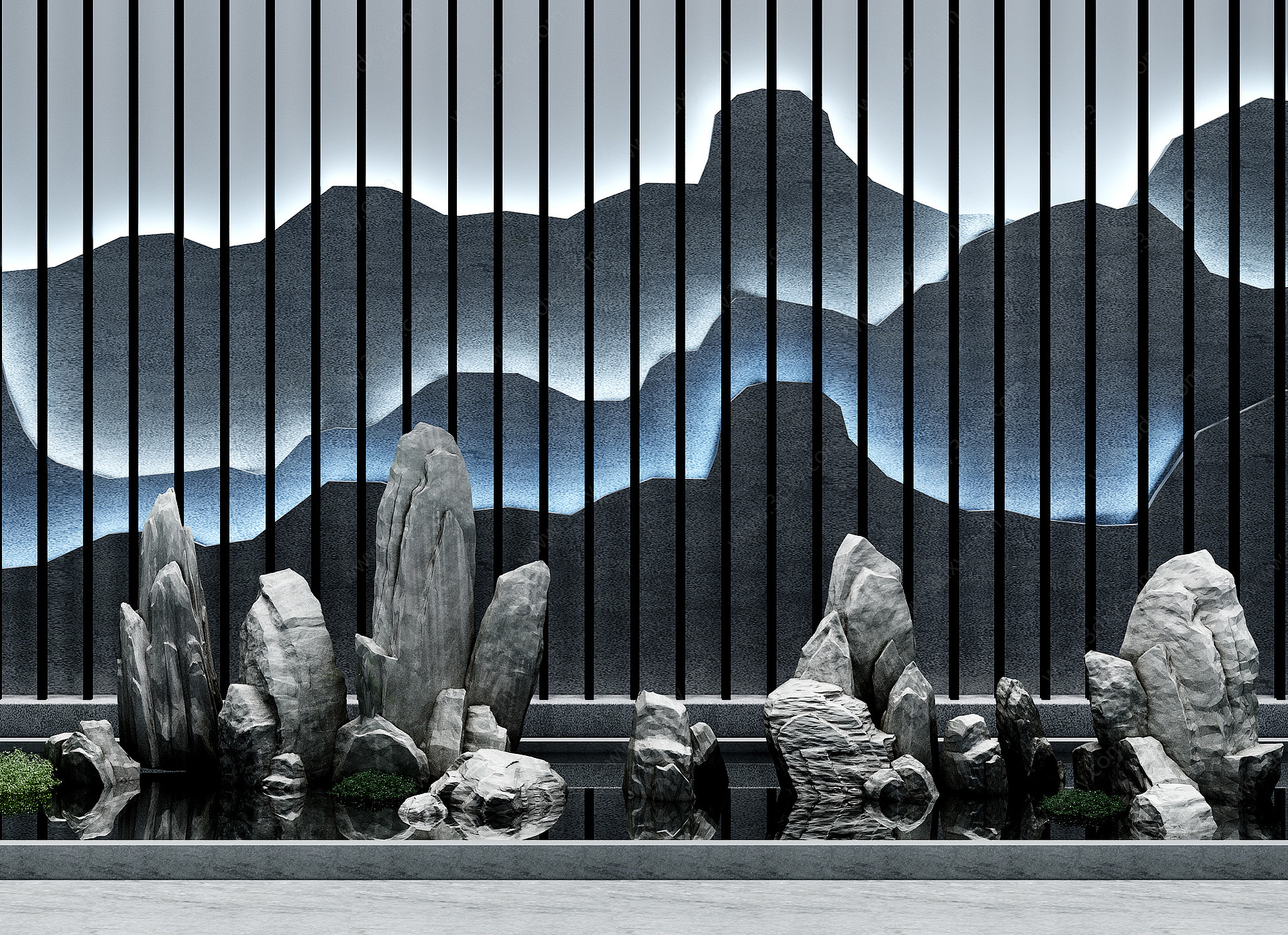中式石头景观背景墙3D模型