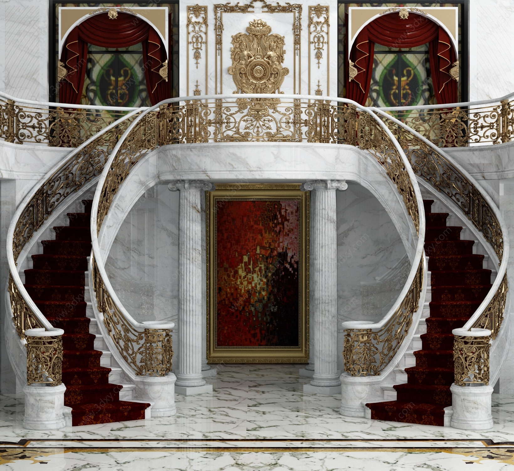 欧式别墅铁艺楼梯过道走廊3D模型