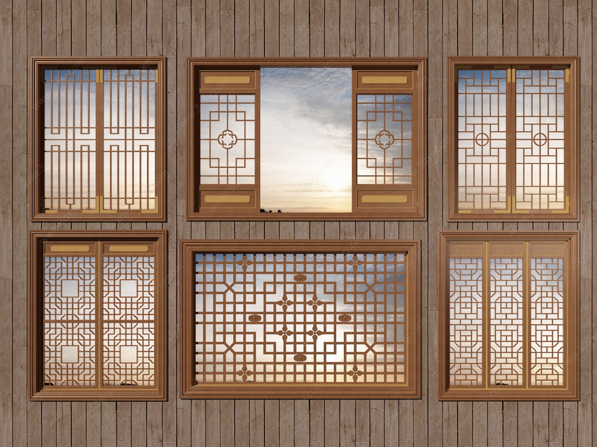 中式镂空木质仿古花窗3D模型