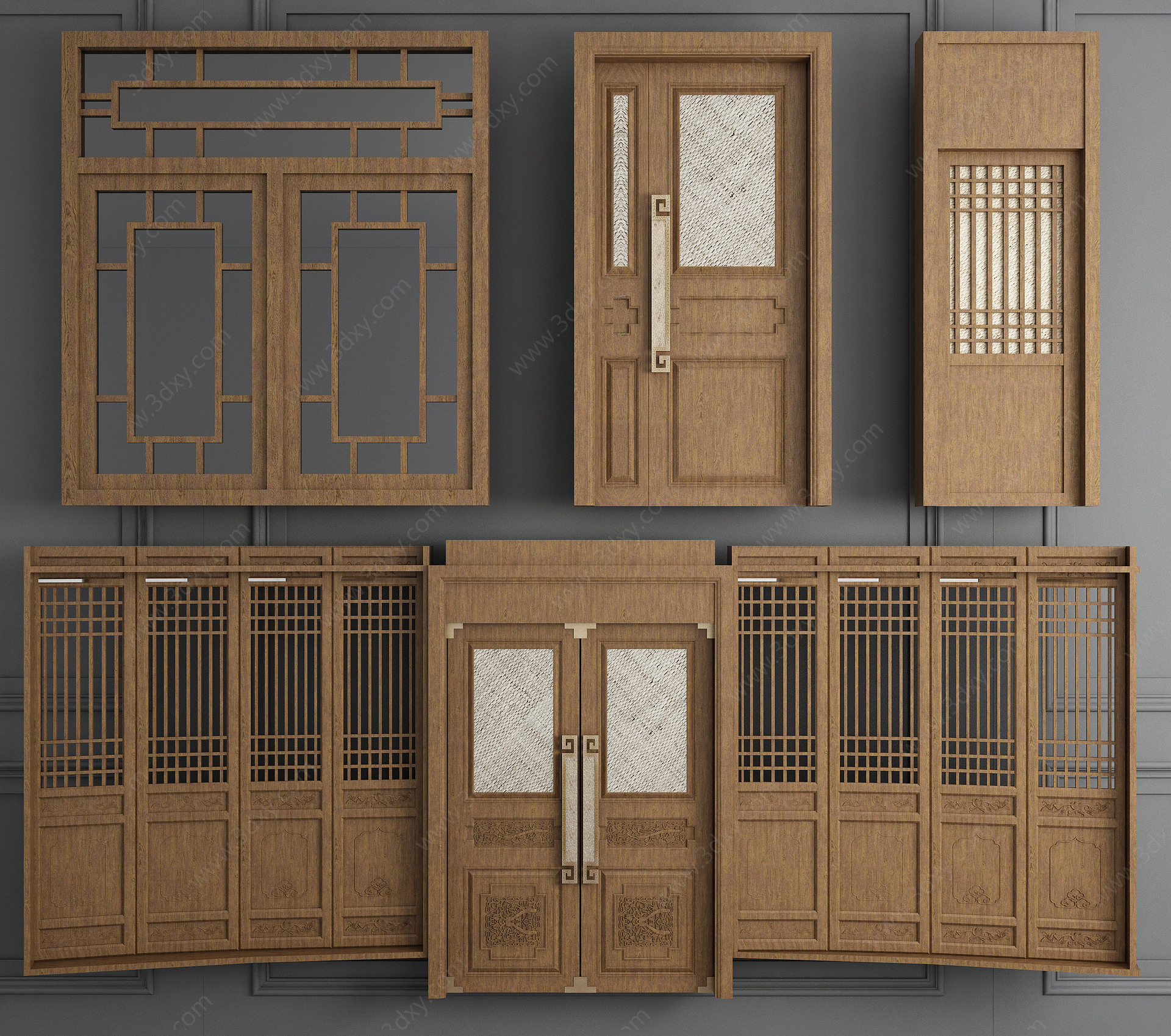 中式实木大门子母门窗户3D模型