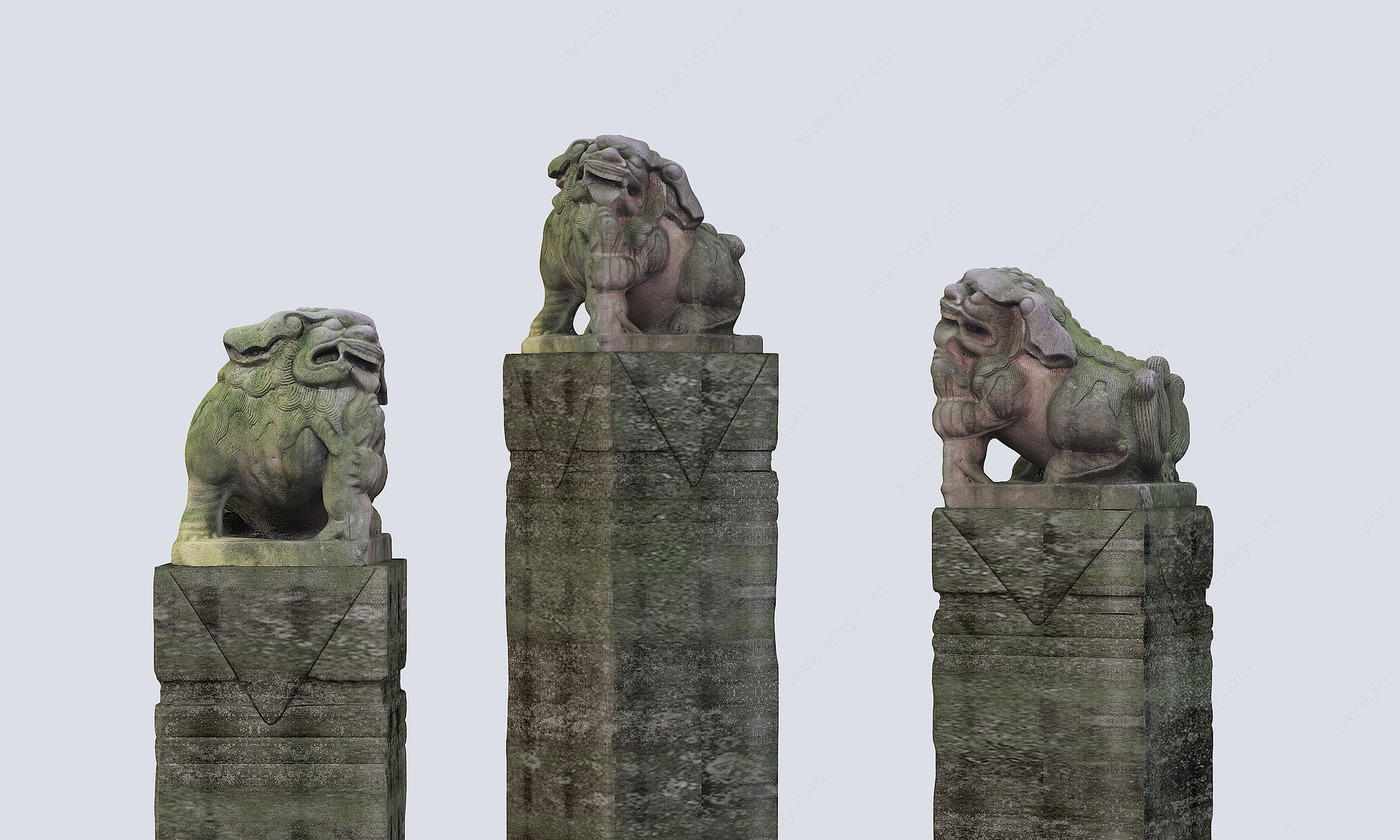 复古石狮子风狮神石墩3D模型