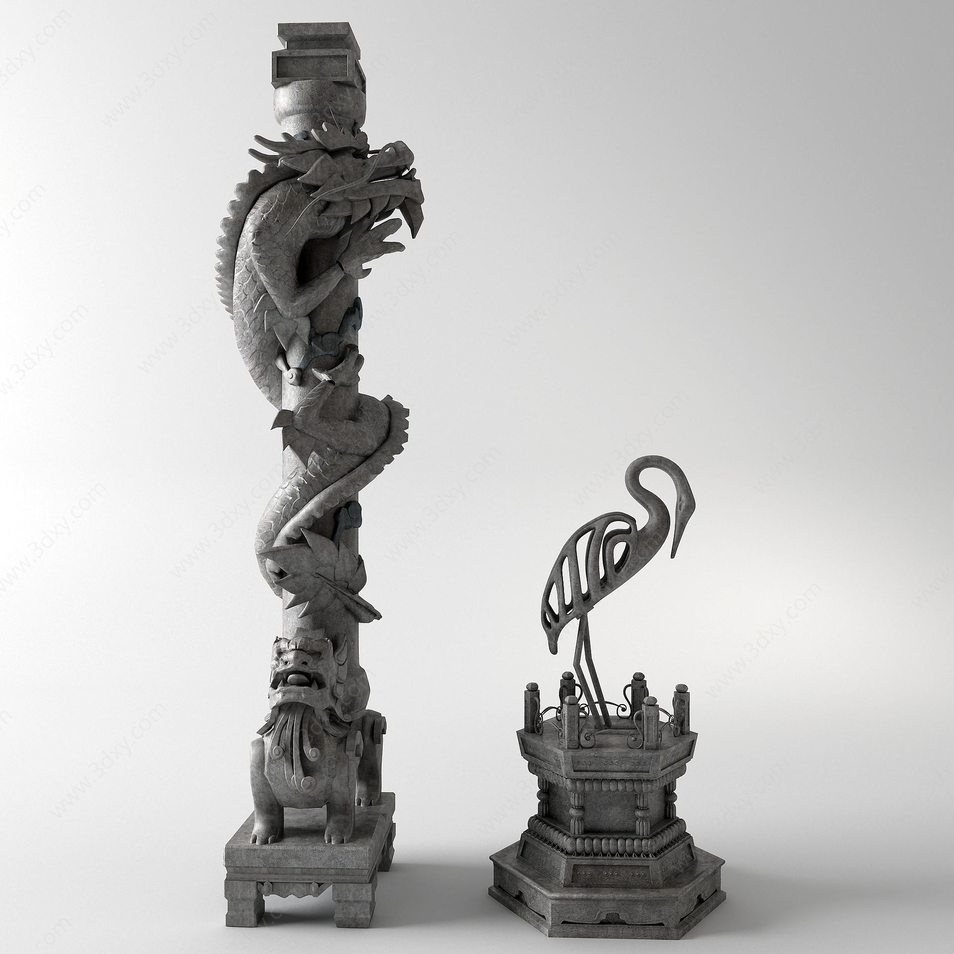 中式柱子龙鹤石雕柱子3D模型
