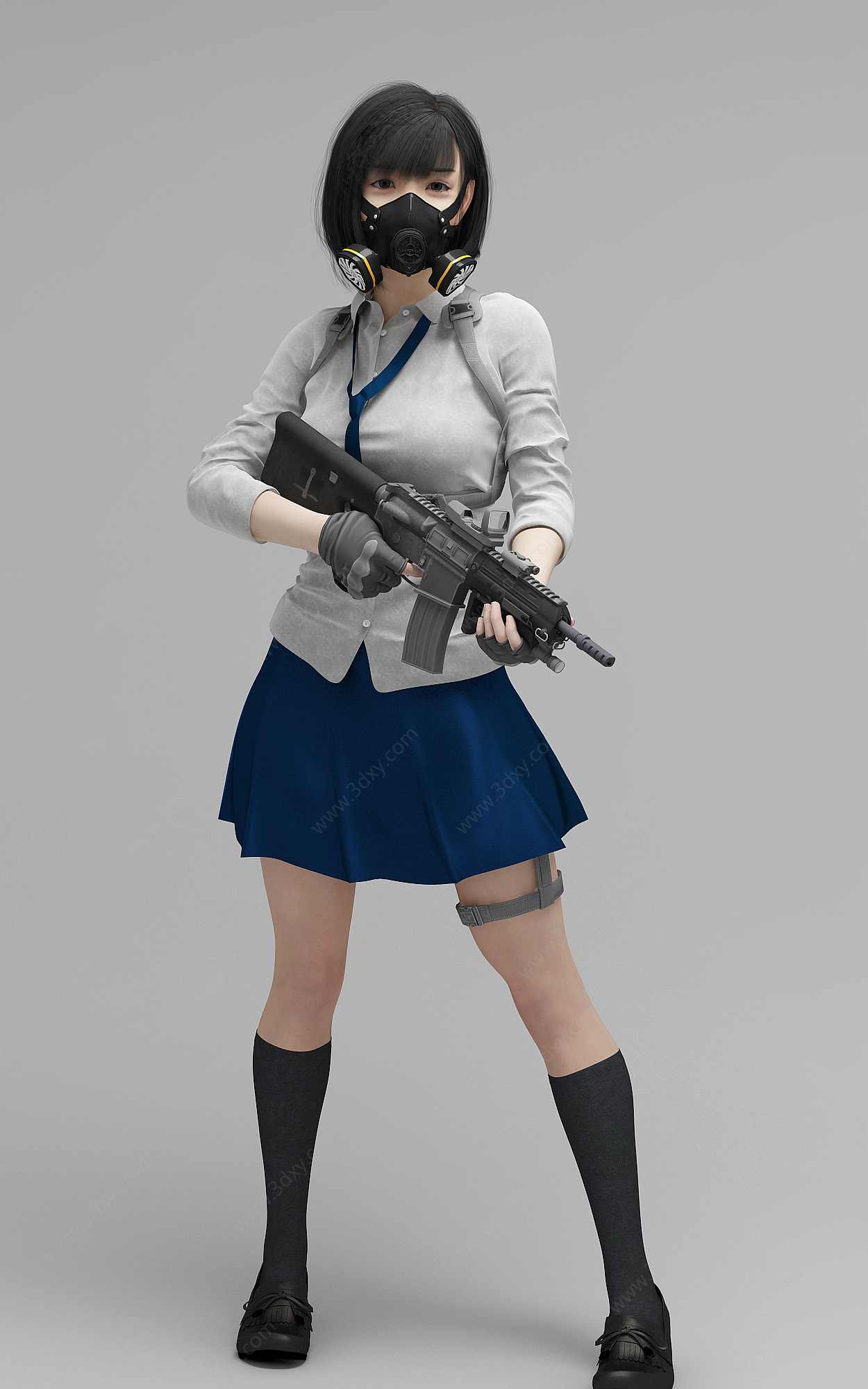短裙蒙面持枪美女女人3D模型