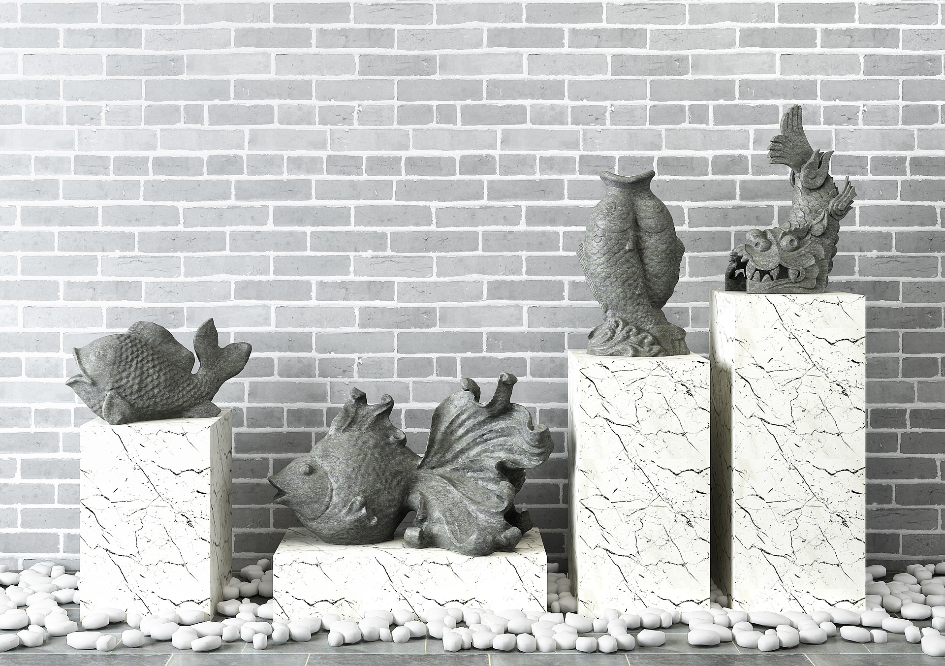 中式景观园林石头鱼雕塑3D模型