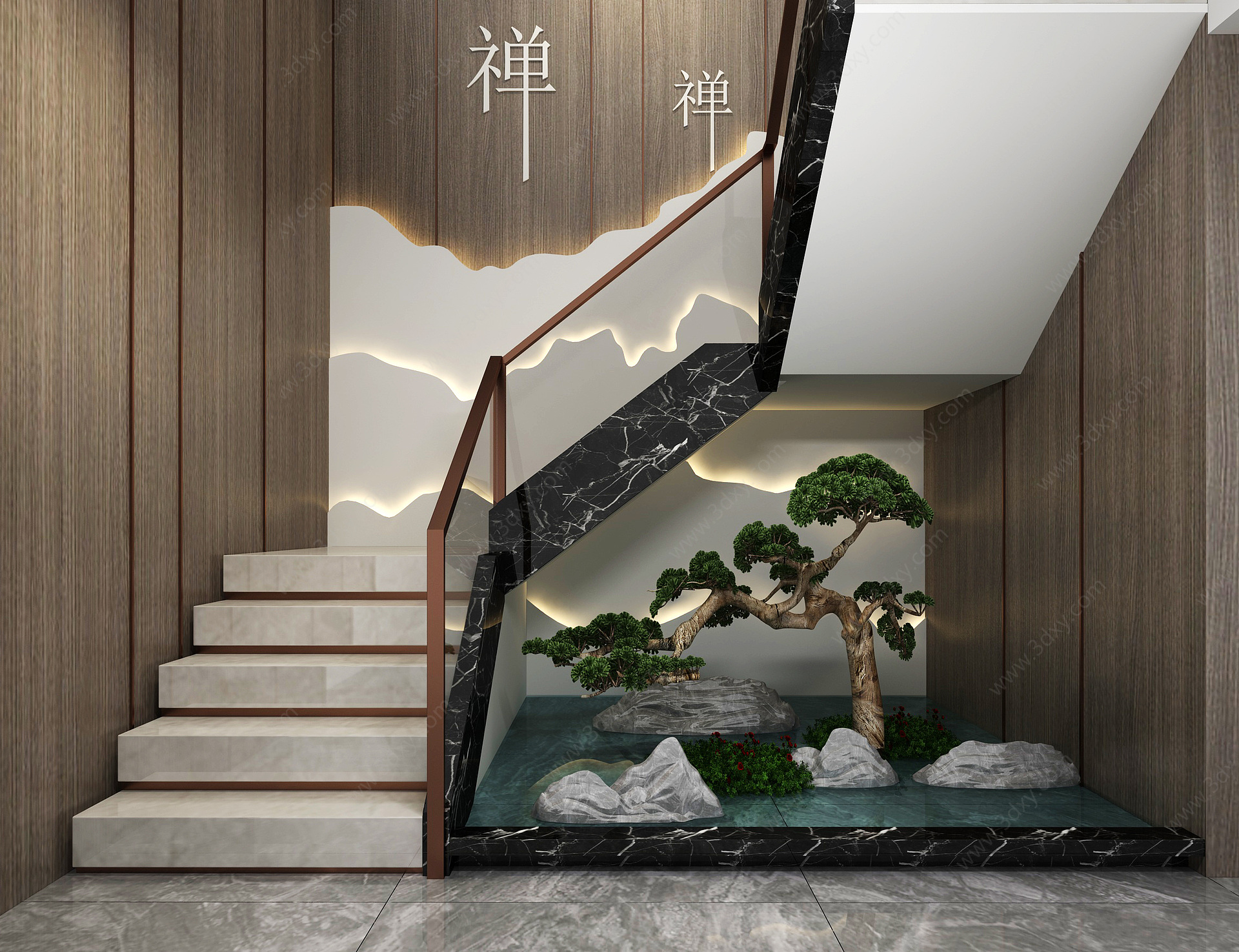 新中式楼梯山水景观3D模型