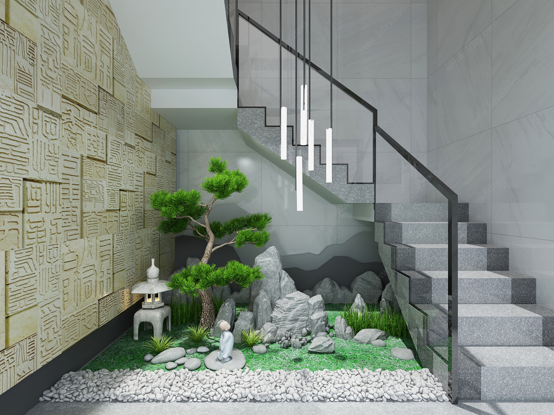 新中式楼梯间山水松树景观3D模型
