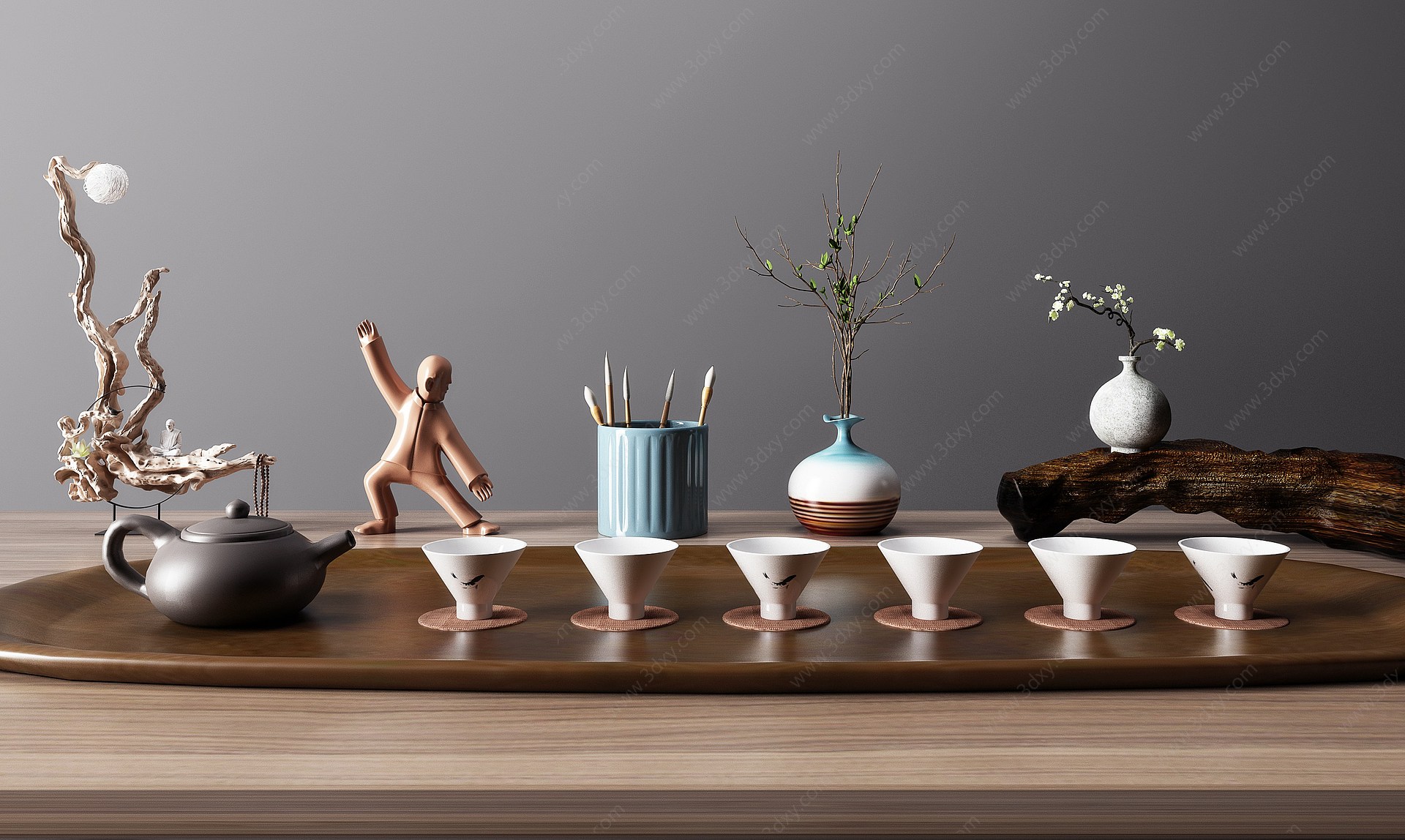新中式茶具摆件组合3D模型