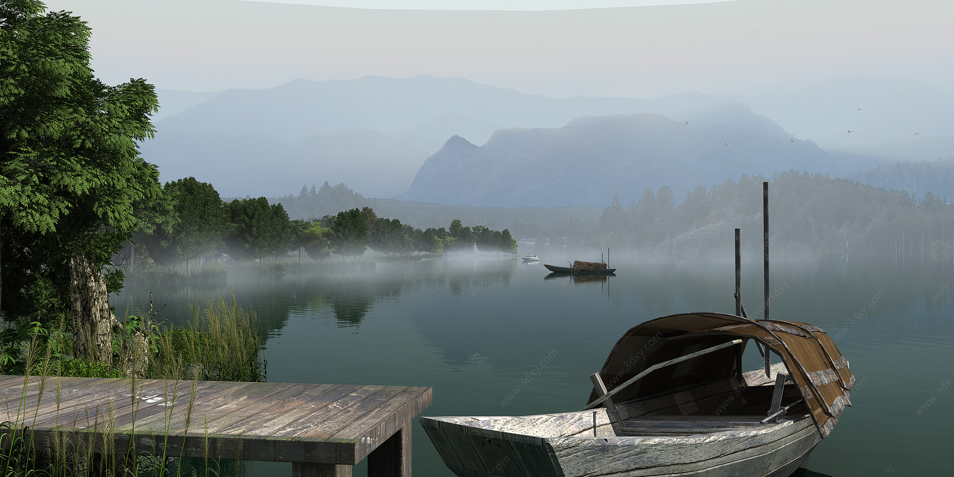 中式湖岸渡口景观3D模型