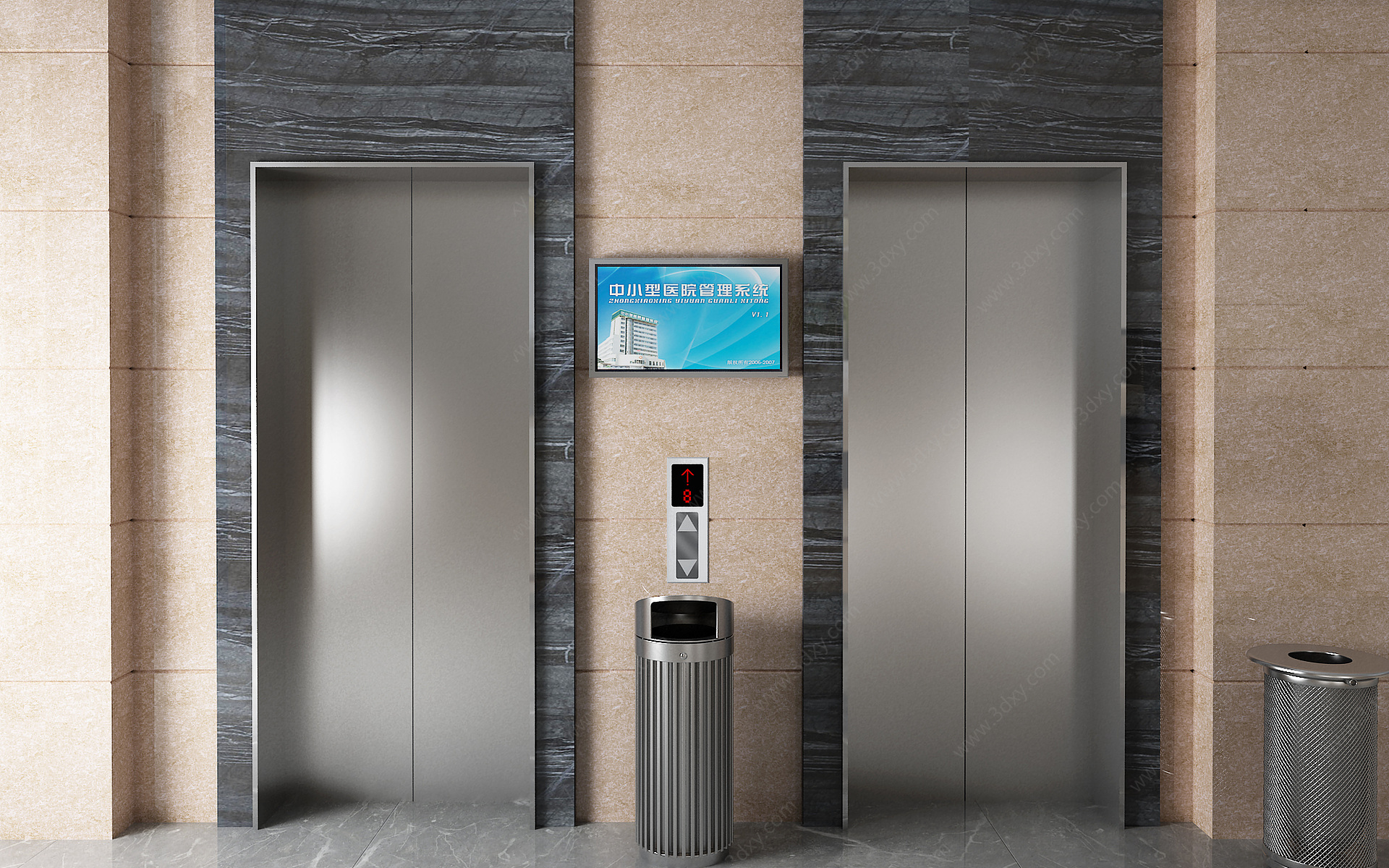 现代公司过道电梯间垃圾桶3D模型