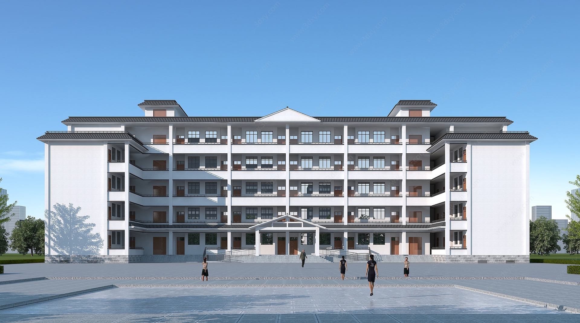 新中式风格单体建筑教学楼3D模型