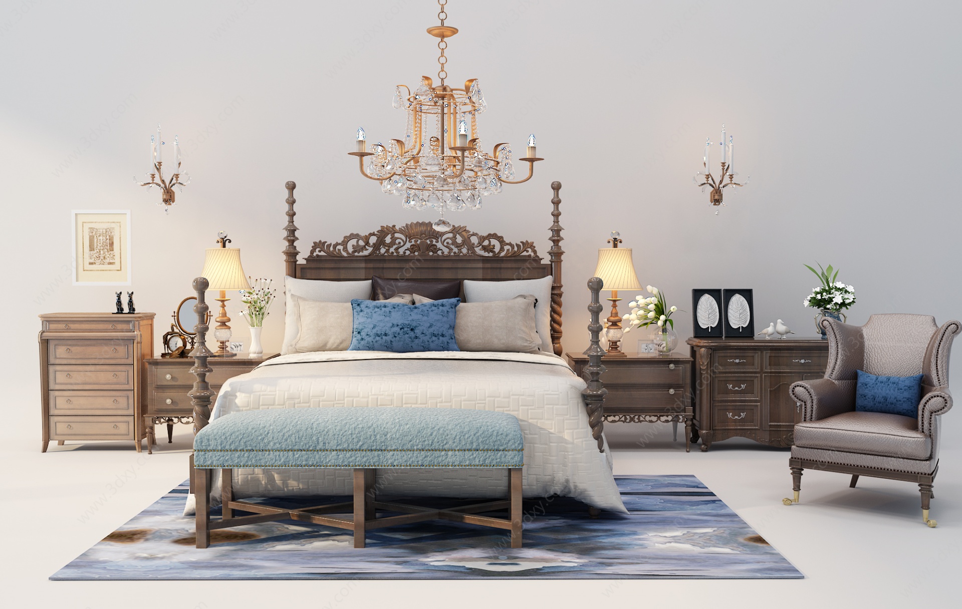 欧式古典欧式床床头柜组合3D模型