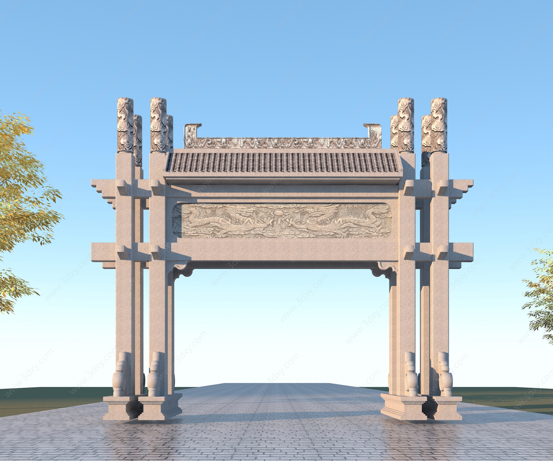 中式古建石雕牌坊3D模型