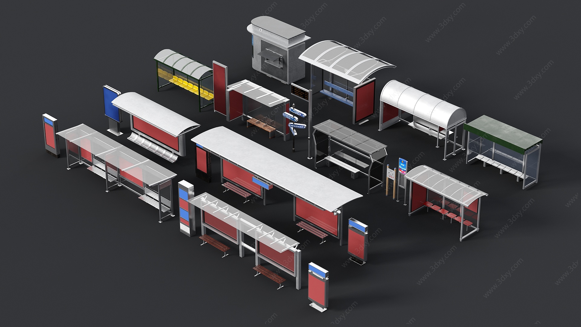 现代公交站台组合3D模型