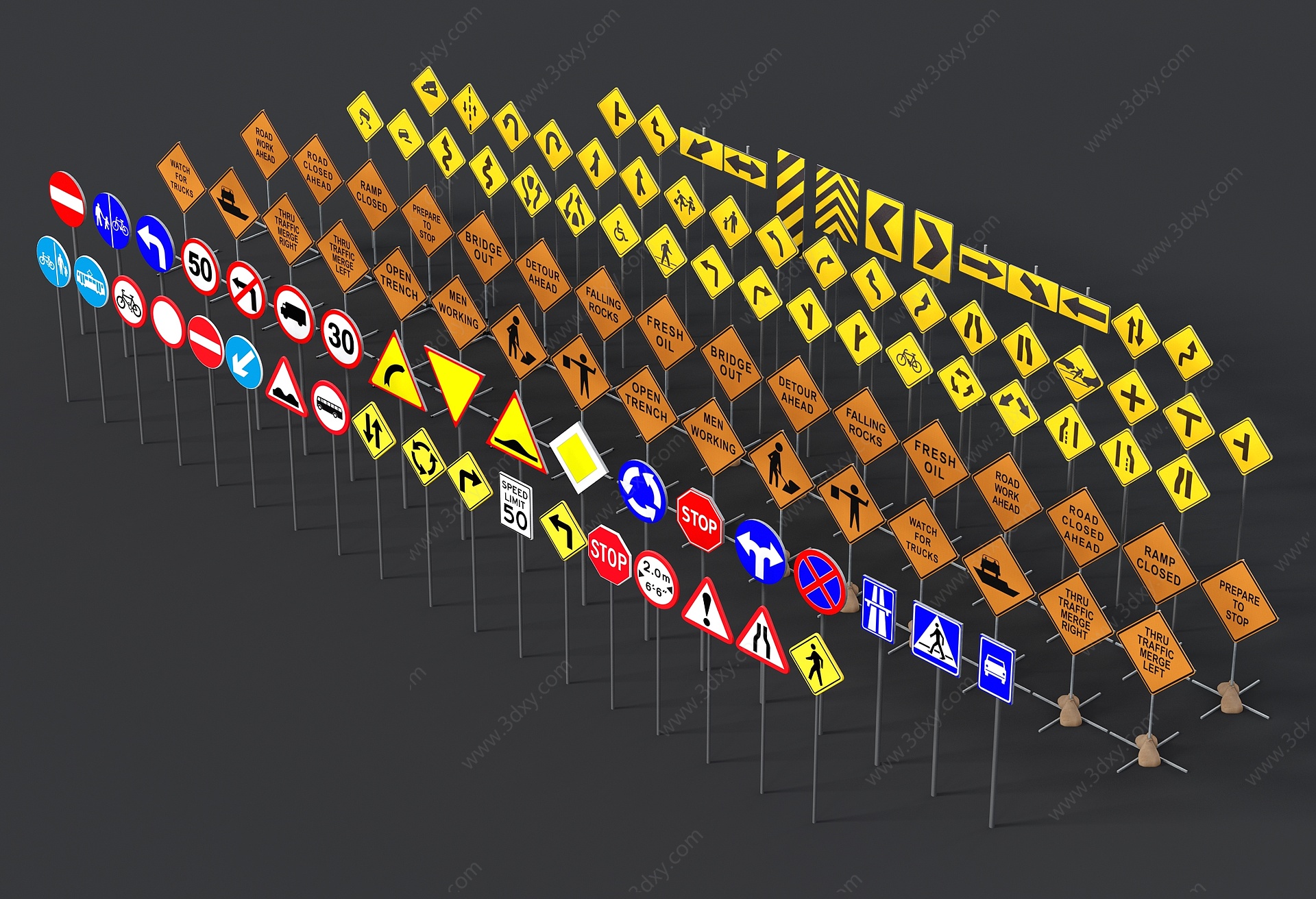 现代路牌路标标示牌组合3D模型