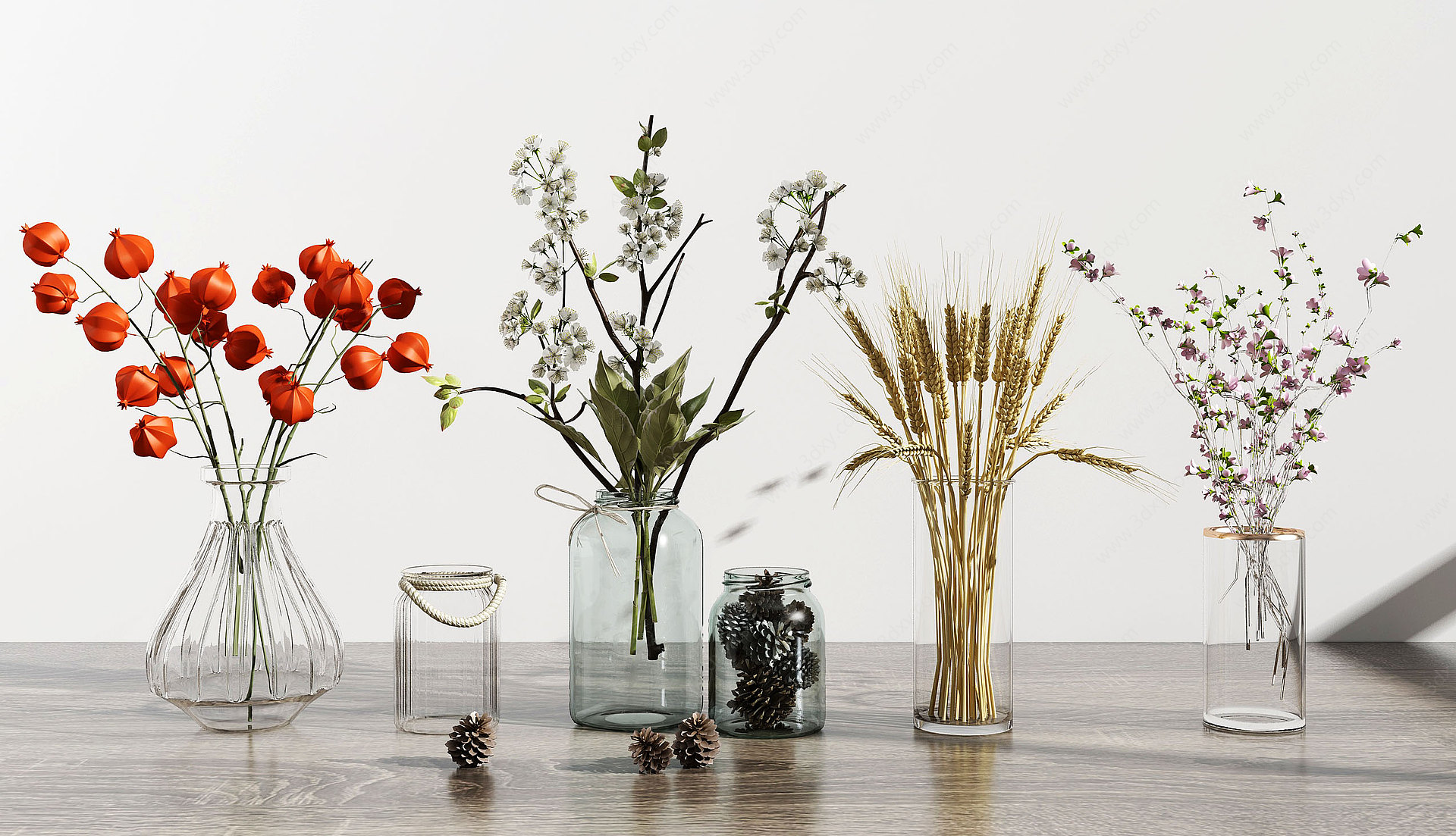 现代玻璃花瓶花卉组合3D模型