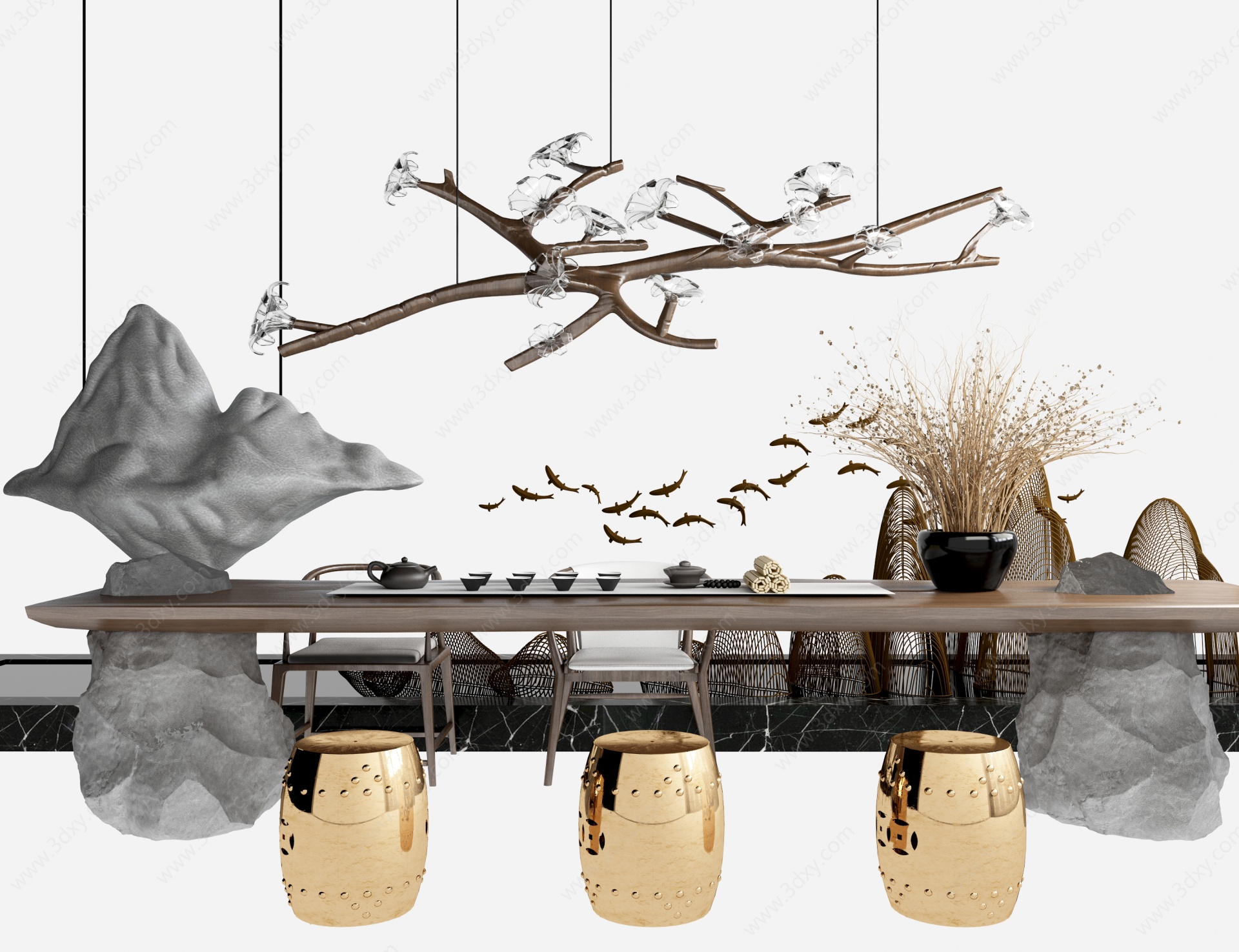 新中式茶桌椅泡茶桌椅吊灯3D模型