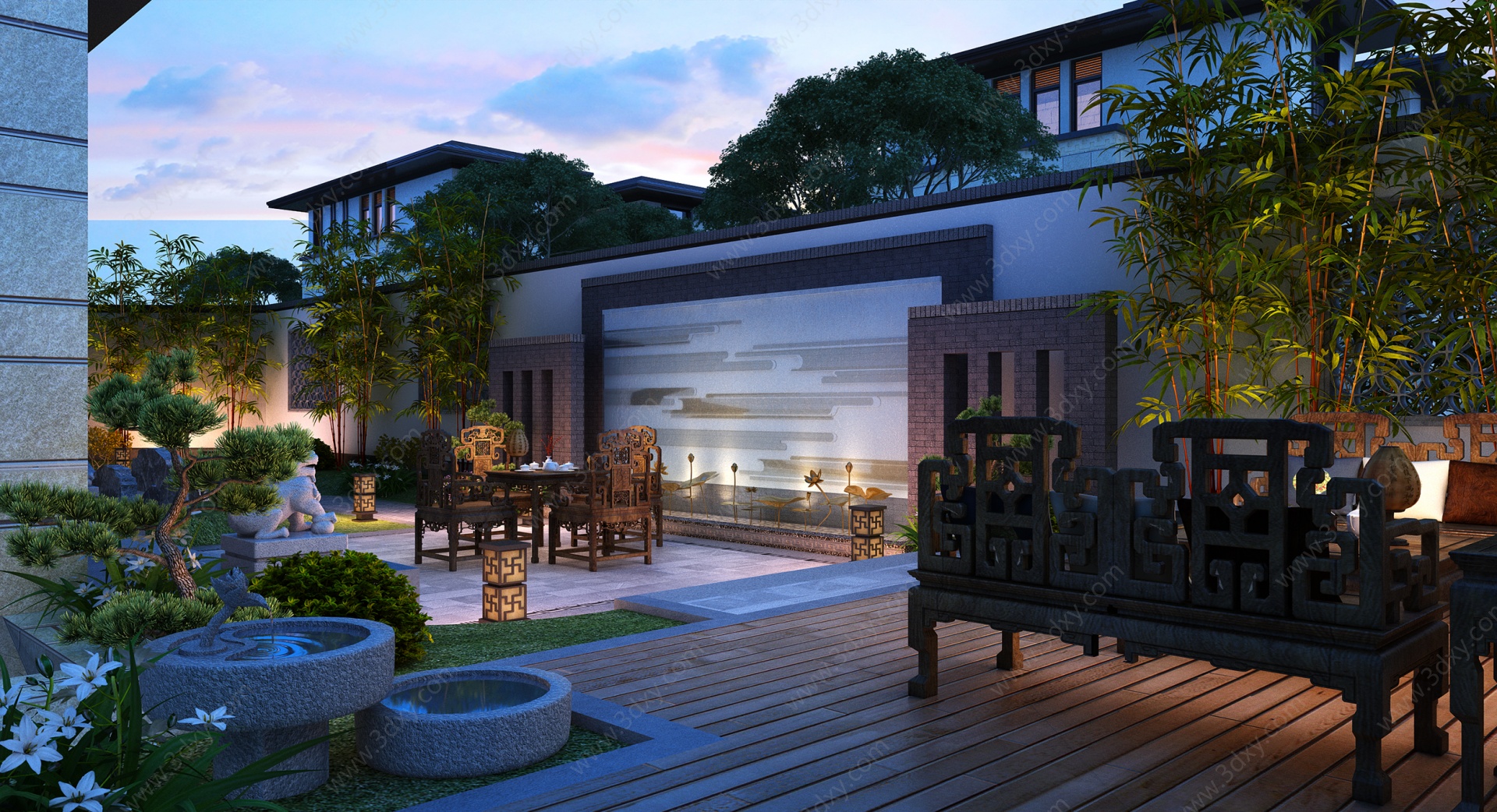 新中式花园庭院3D模型