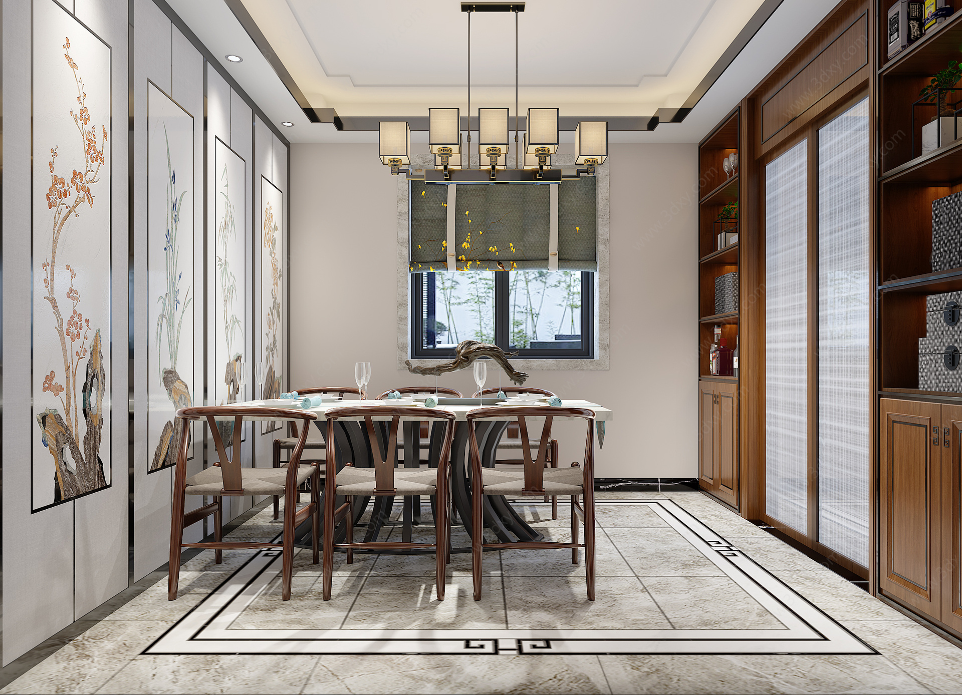 新中式别墅挑空复式客餐厅3D模型