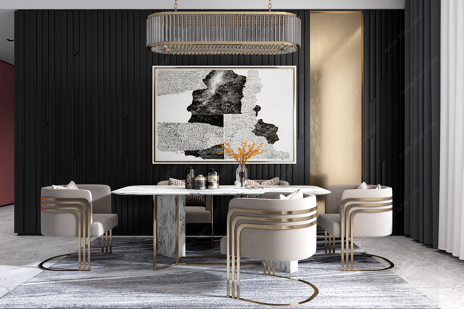 现代餐厅餐桌餐椅挂画组合3D模型