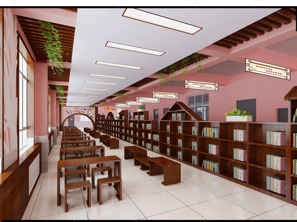新中式风格图书馆书架书桌3D模型