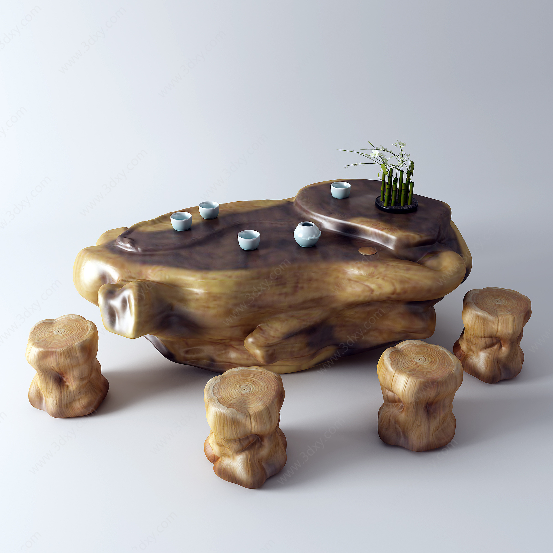 新中式茶桌椅根雕茶海3D模型