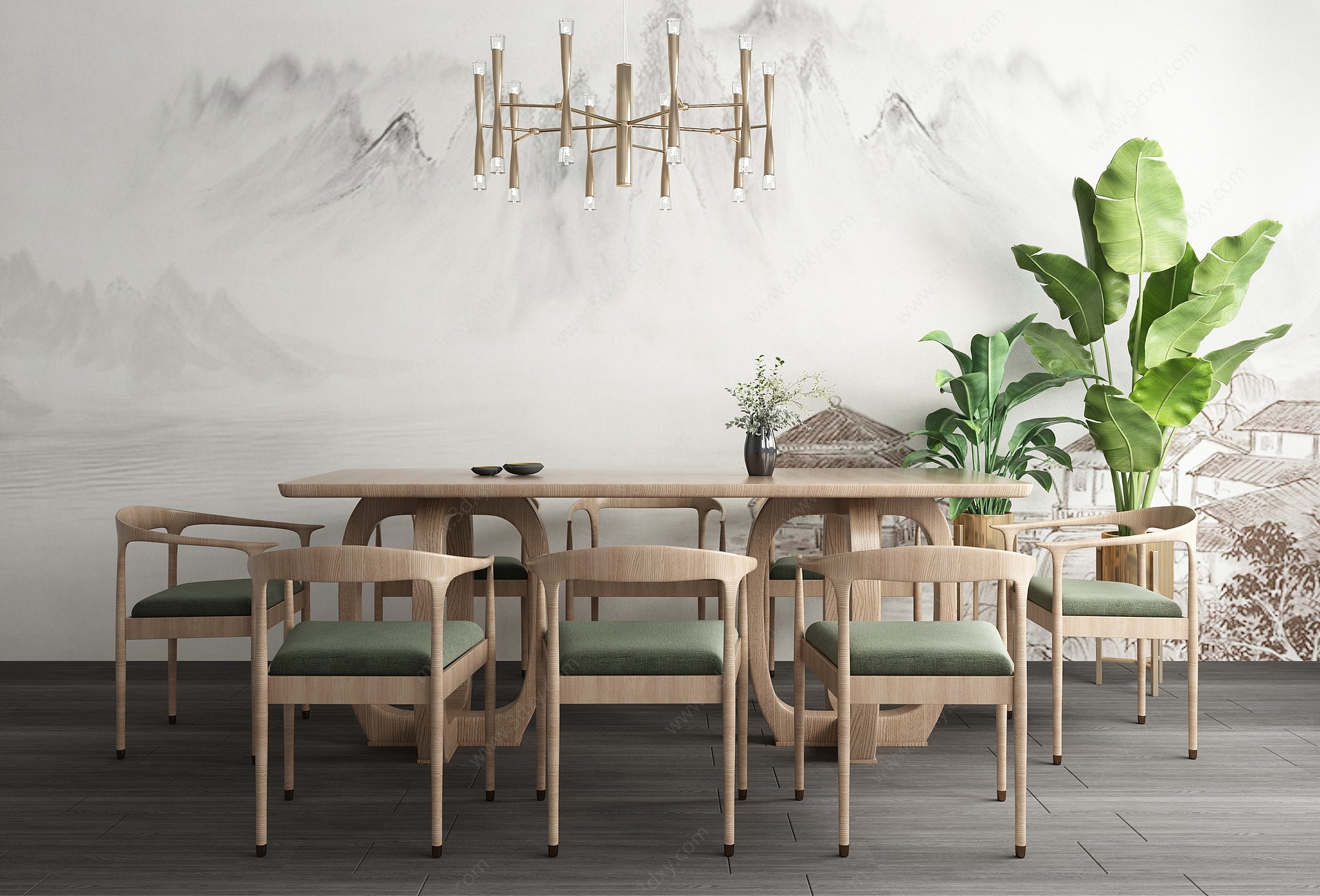 新中式茶室茶桌椅组合3D模型