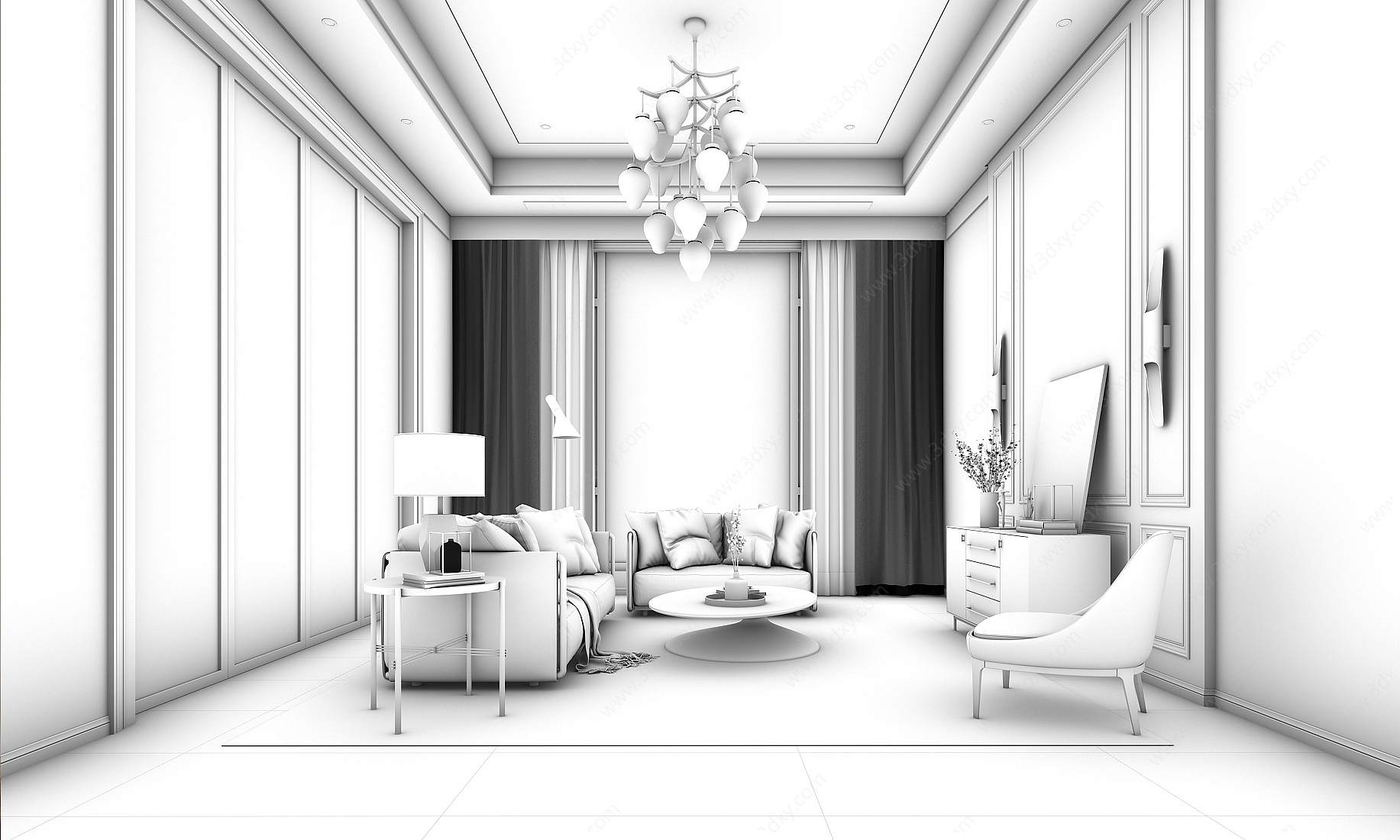 欧式简约别墅客厅3D模型