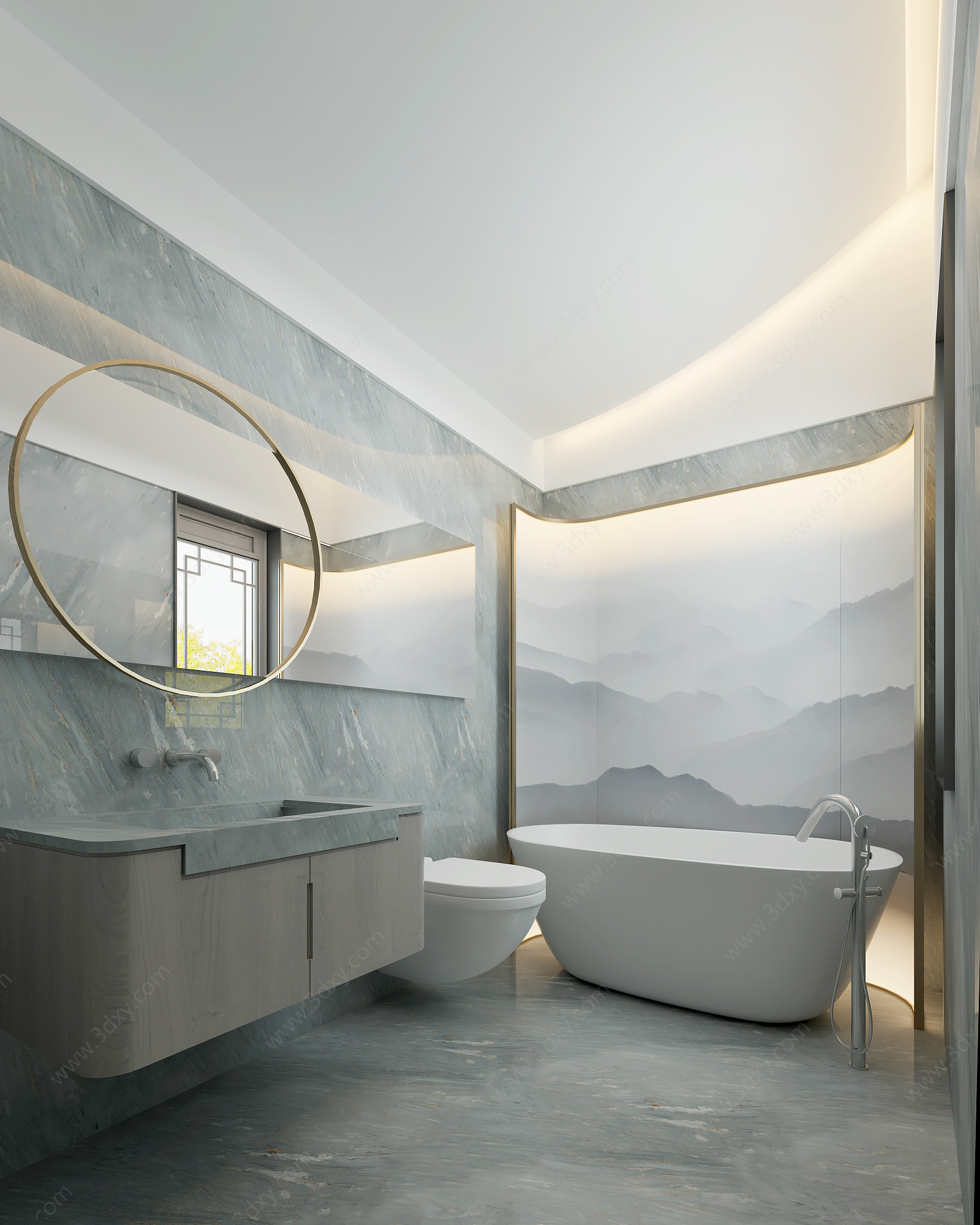 新中式卫生间浴缸浴室柜3D模型