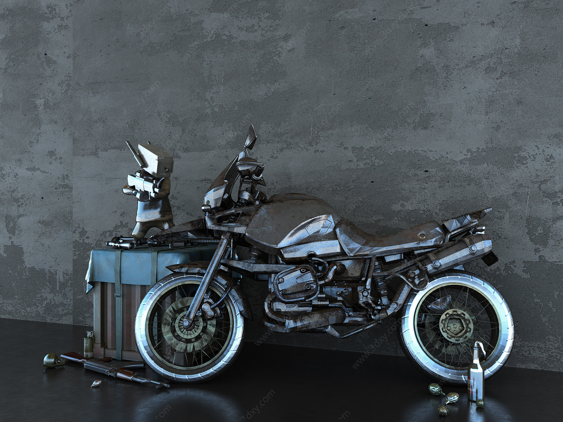 工业风生锈摩托车3D模型