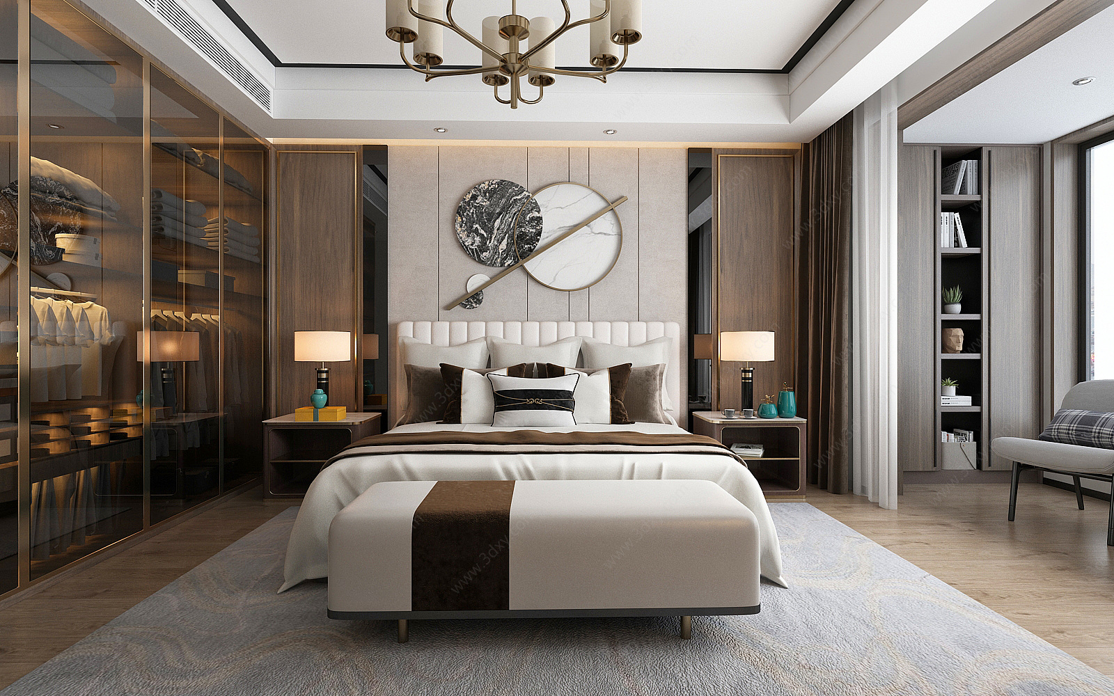 新中式卧室床衣柜3D模型