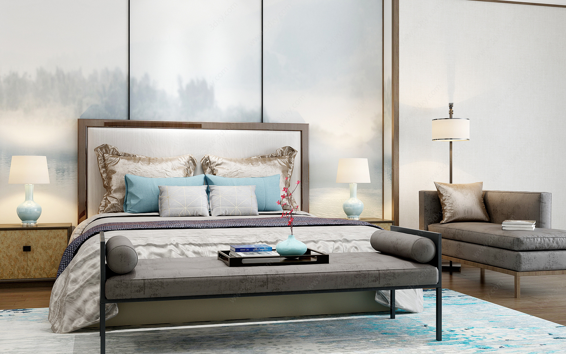 新中式卧室床具3D模型