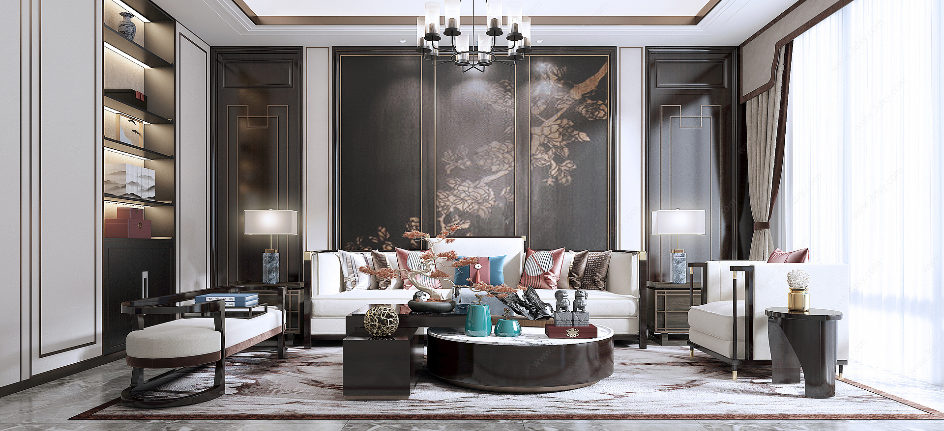 新中式客厅沙发椅子茶几3D模型