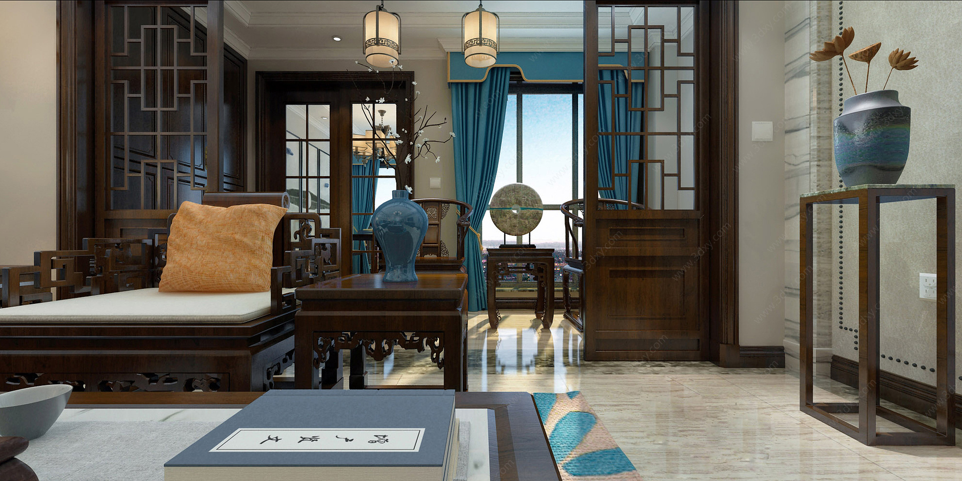 新中式风格客餐厅茶室过道3D模型