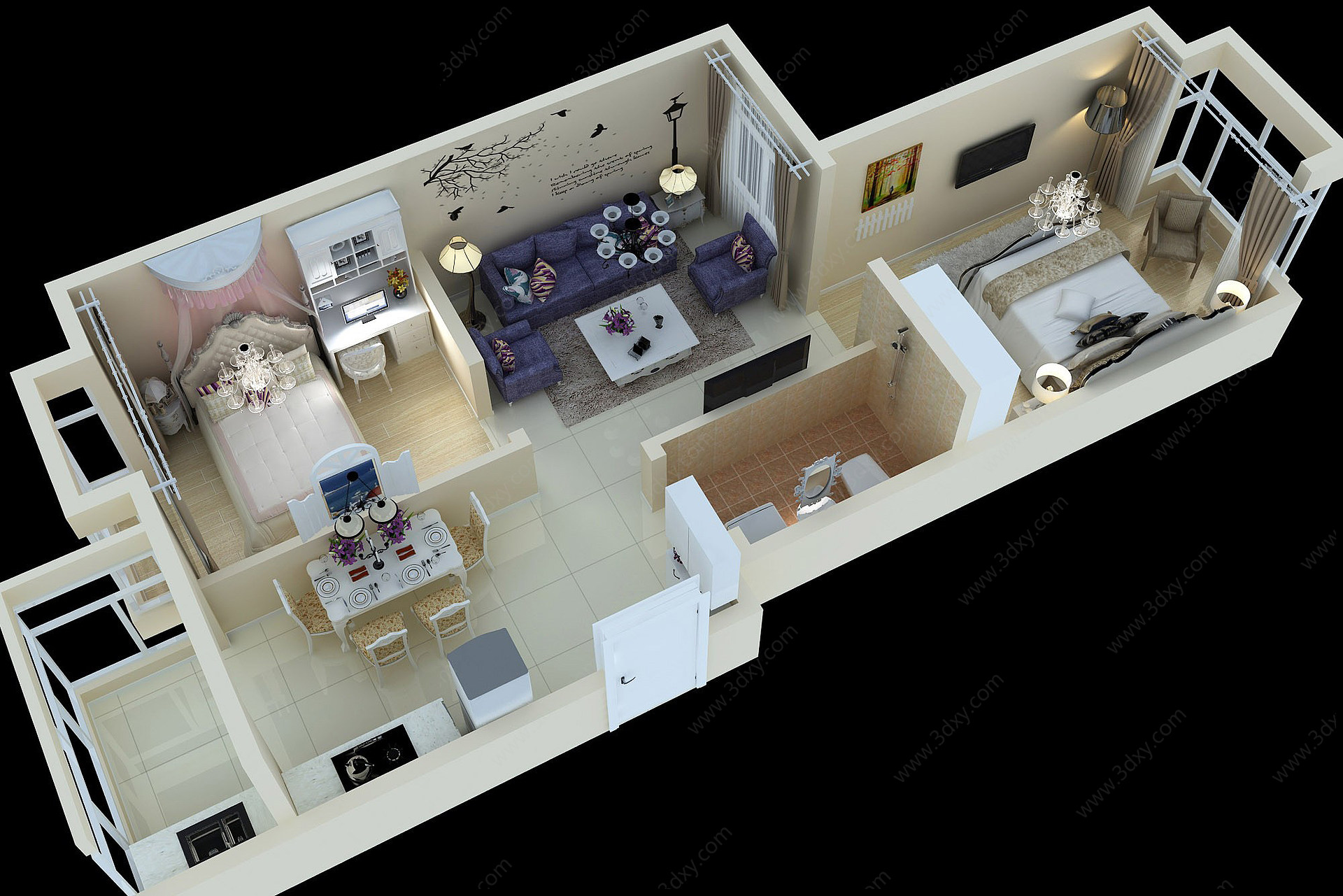 现代卧室客厅两居室3D模型