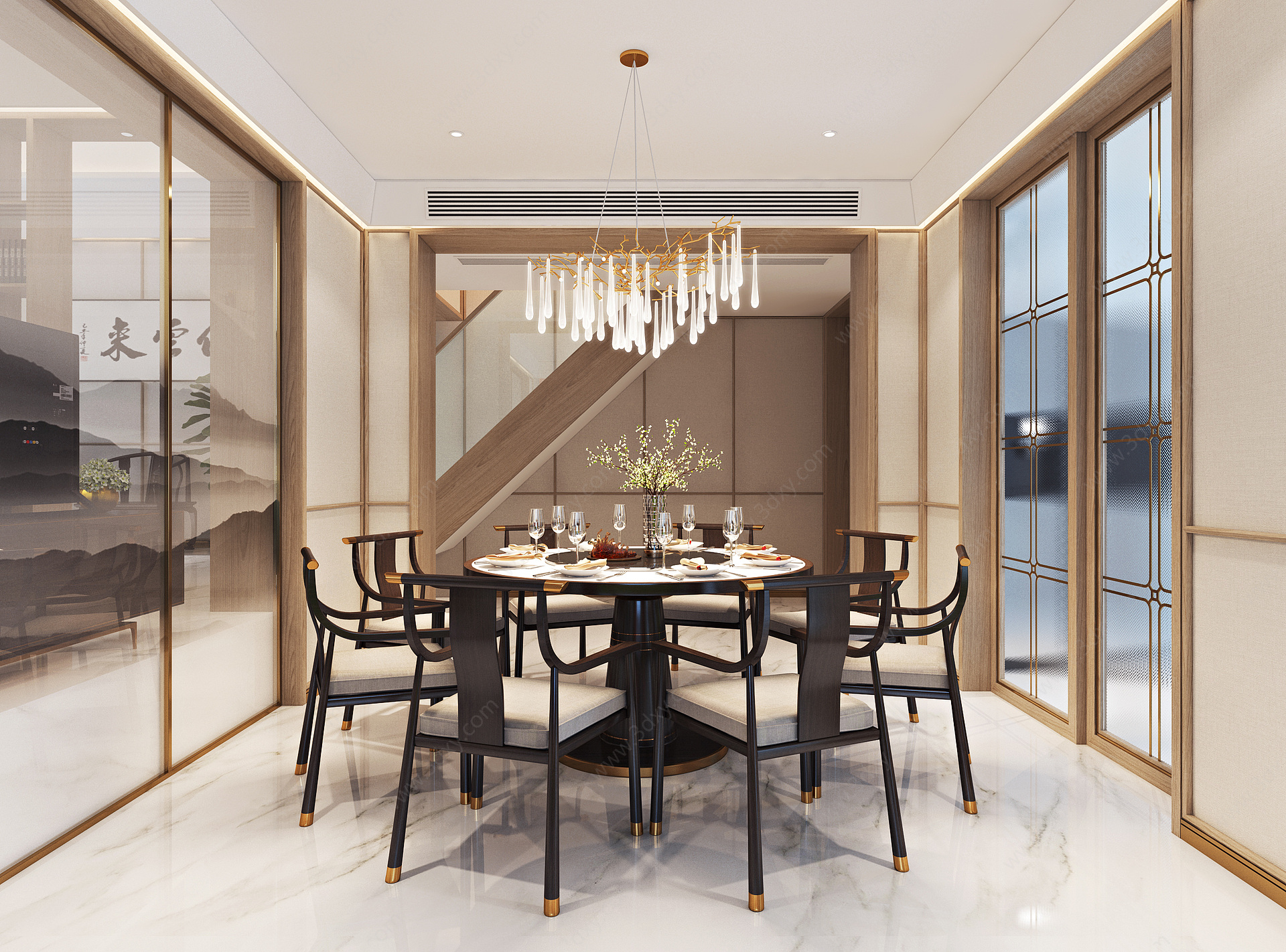 新中式客餐厅沙发茶几3D模型