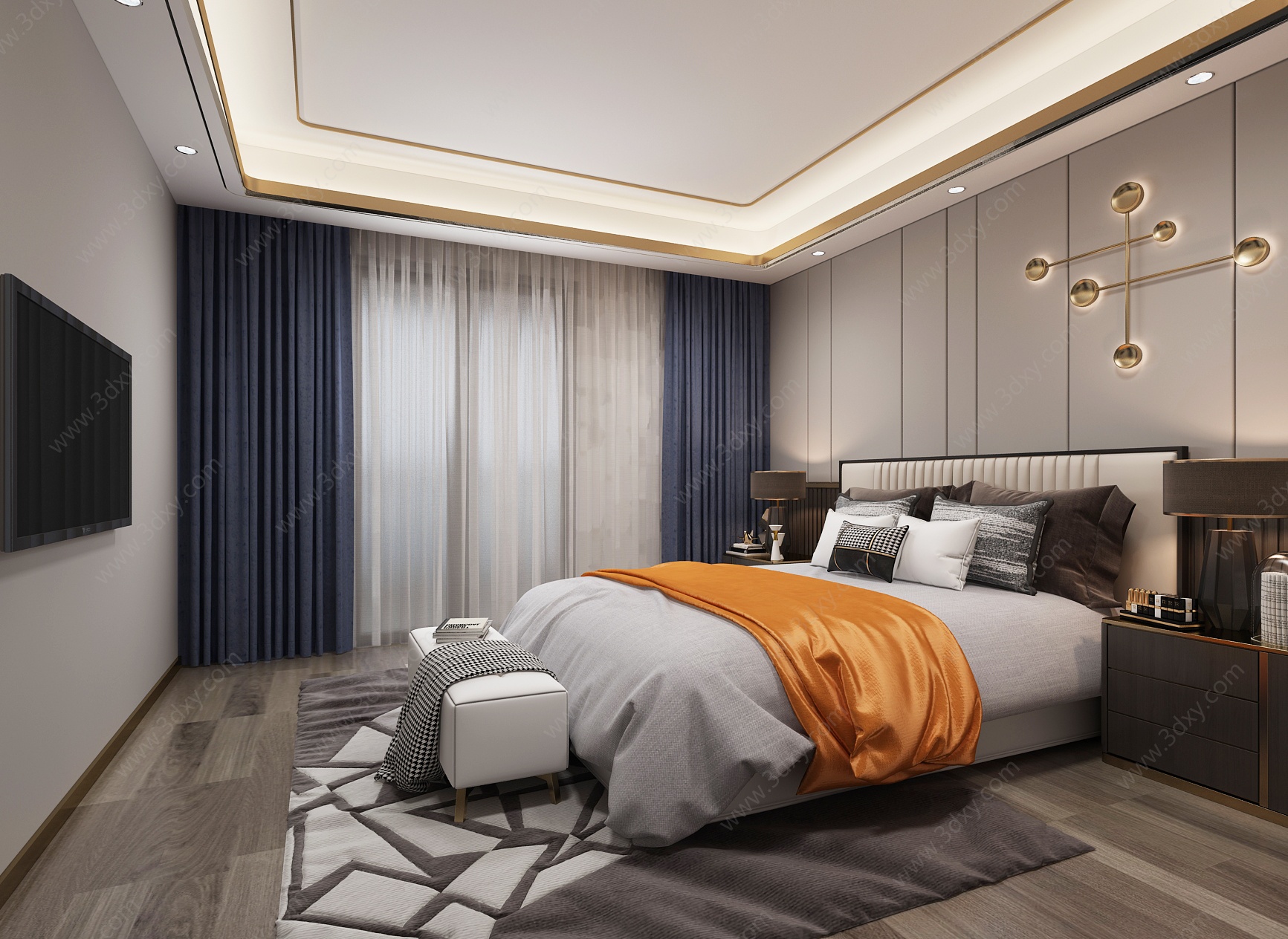 轻奢卧室墙饰双人床3D模型