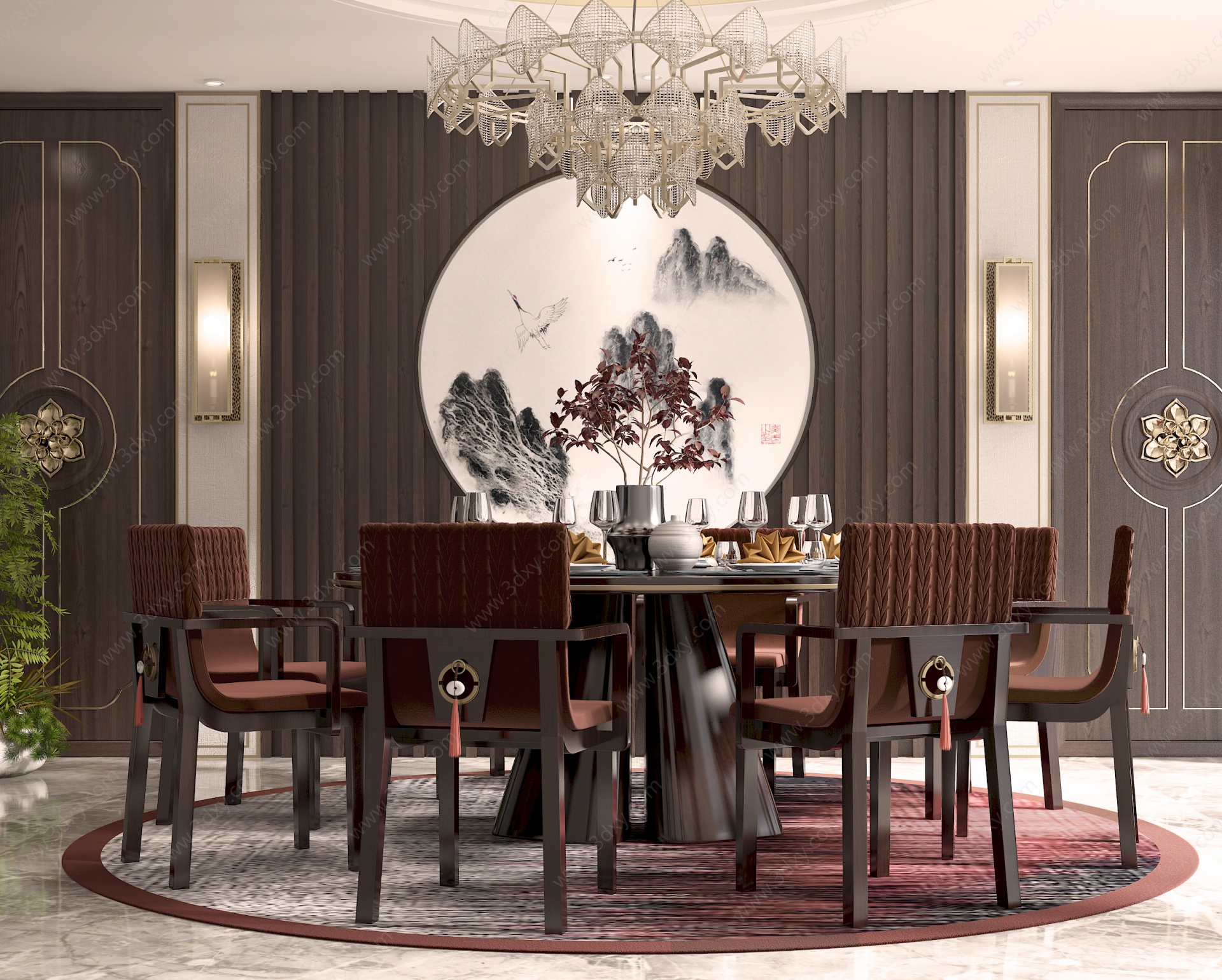 新中式圆桌餐厅3D模型