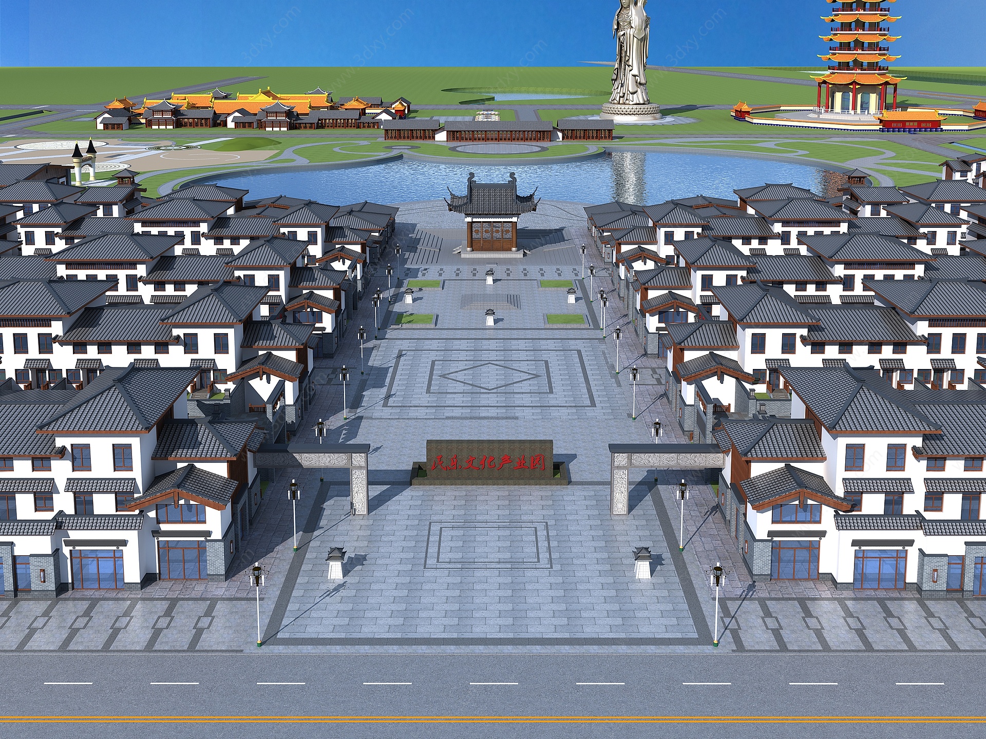 中式产业园鸟瞰规划3D模型