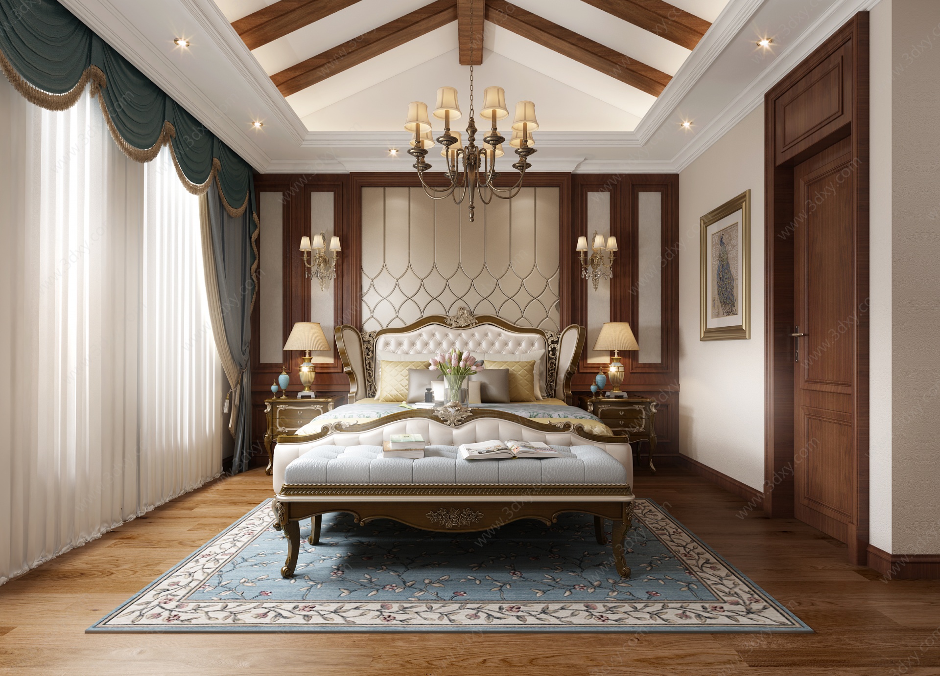 美式卧室实木双人床3D模型