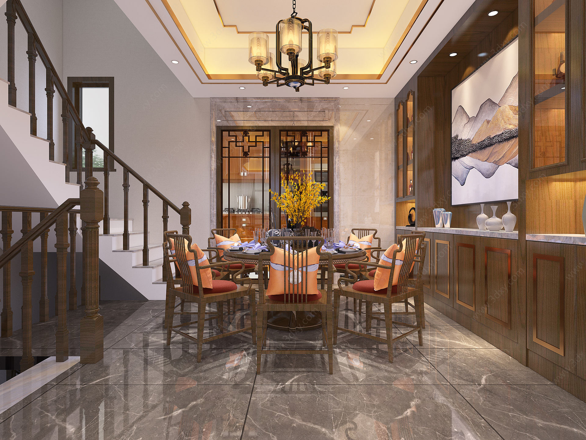 新中式客厅餐厅餐桌椅组合3D模型