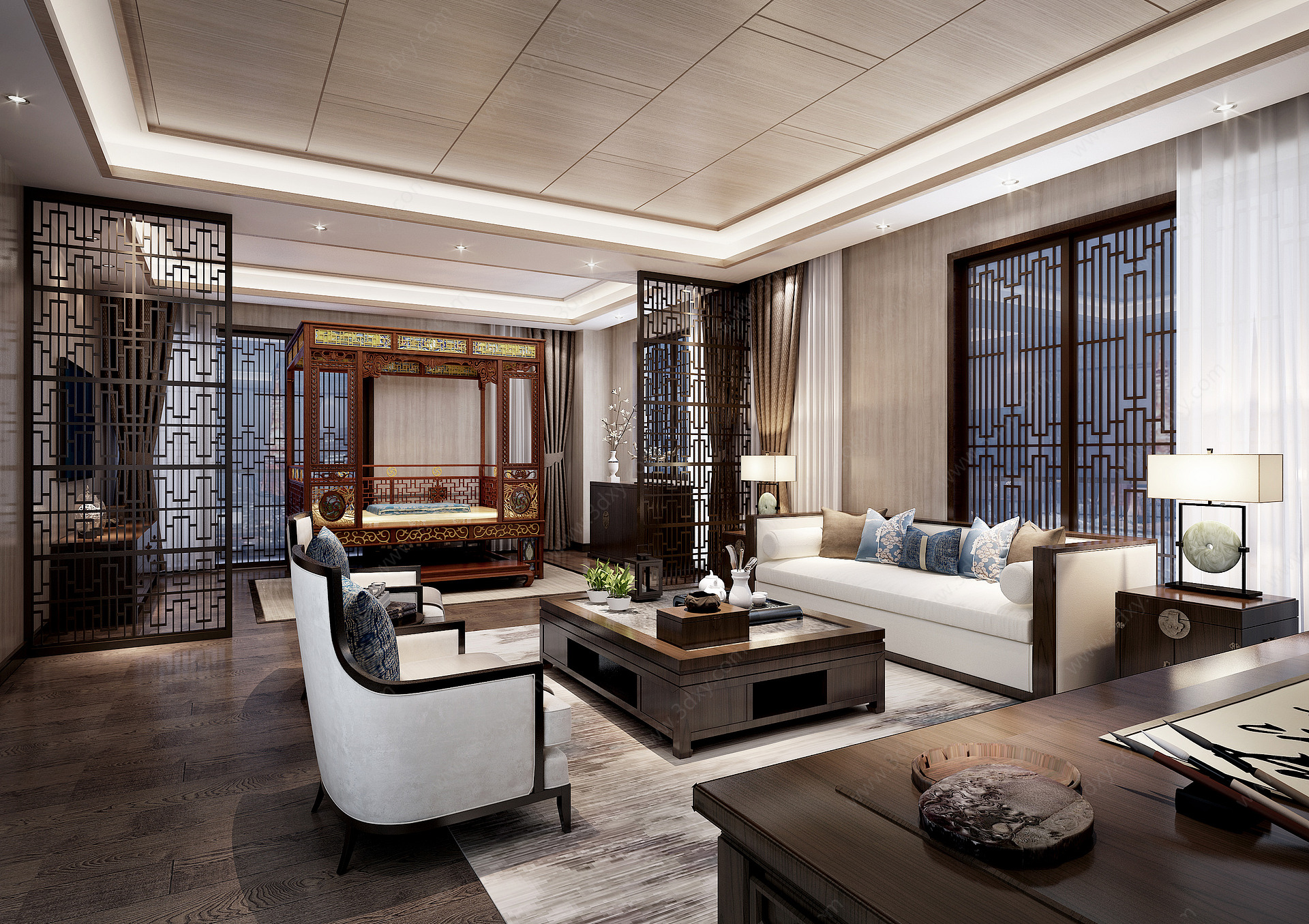 新中式别墅主卧室客房3D模型