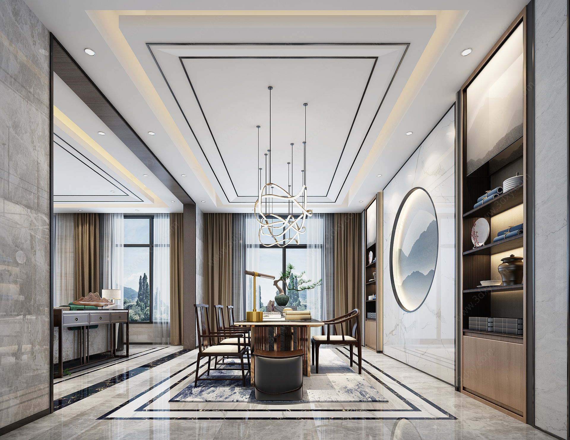 新中式别墅客餐厅茶室3D模型