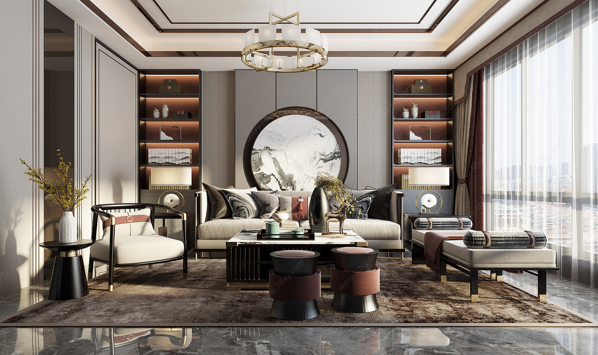 新中式客厅沙发组合茶几3D模型