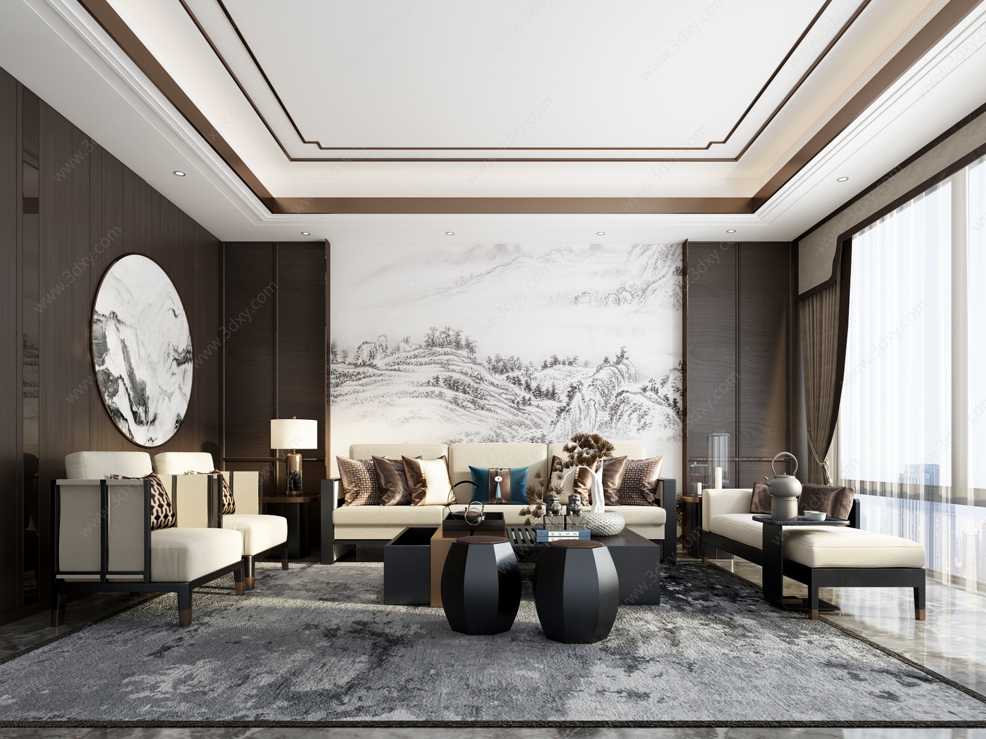 新中式客厅沙发组合茶几3D模型
